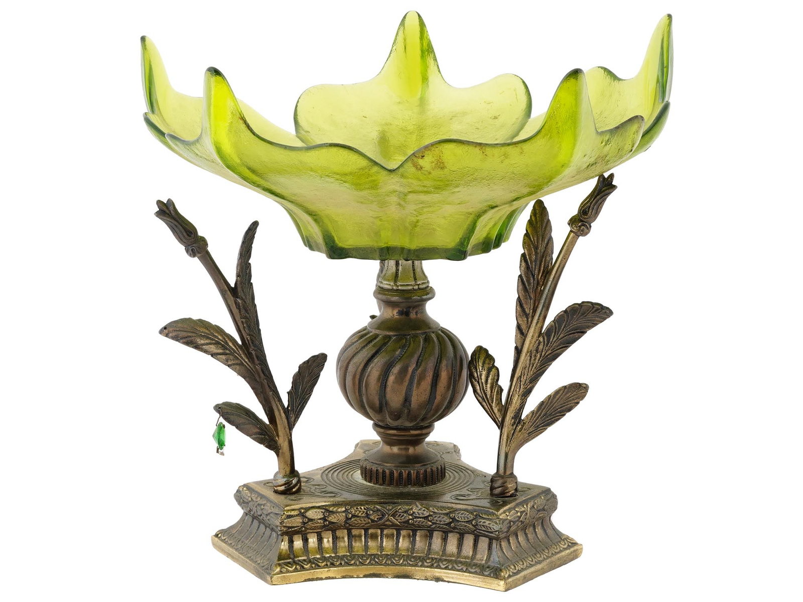EARLY 20TH C AESTHETIC MOVEMENT BOWL W ART GLASS: ? large antique centerpiece bowl from the Aesthetic Movement. Features a hand blown green art glass upper section formed as a flower with 5 petals. It is affixed to a cast metal base with an eclectic 