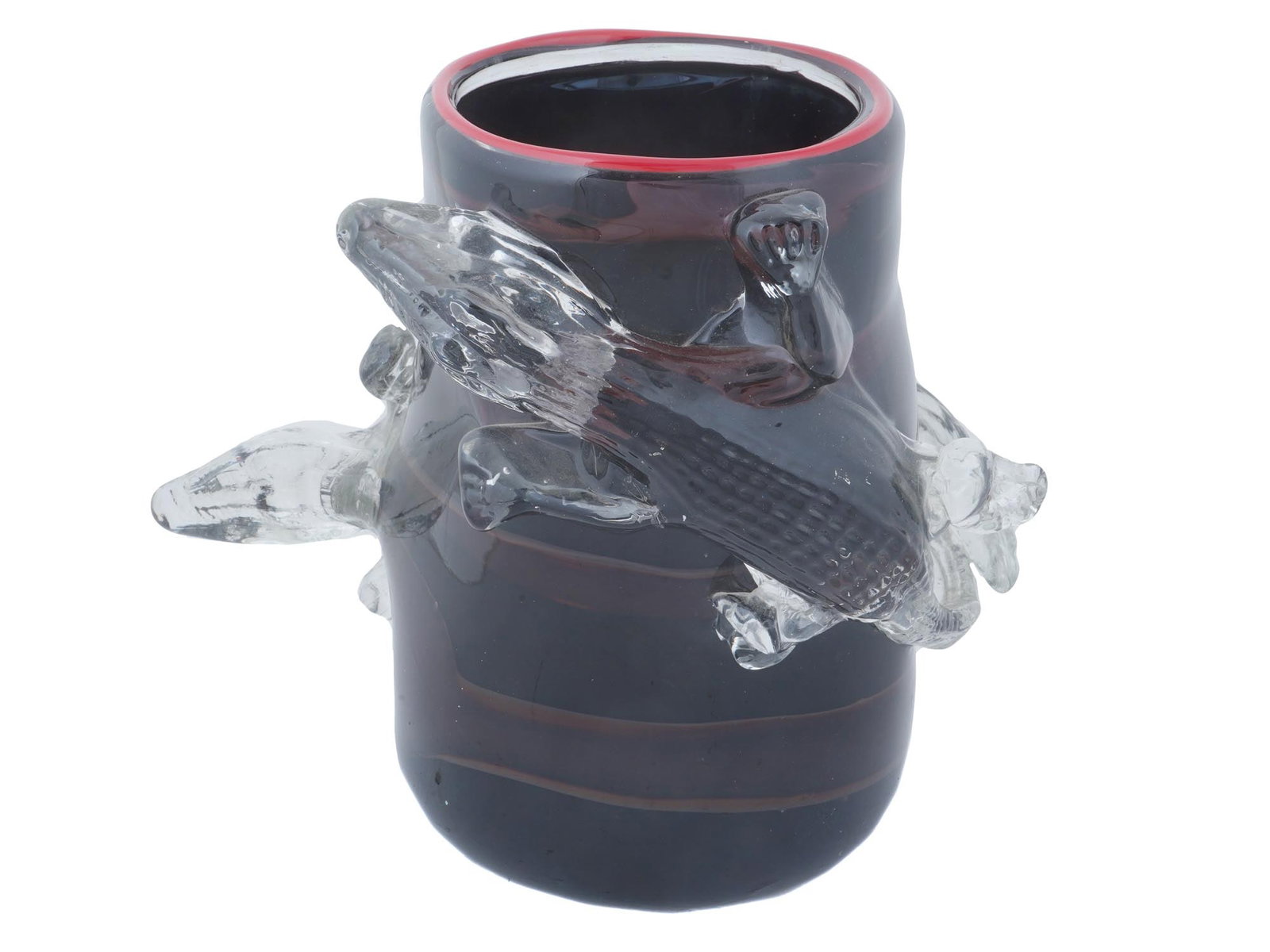 AMERICAN FREDERICK KAHL GLASS VASE W ALLIGATORS: A vintage American dark glass vase with figural images of transparent alligators by Frederick Kahl, a New York based art glass artist. Circa 1987. A cylindrical vase in dark blue and brown with applie