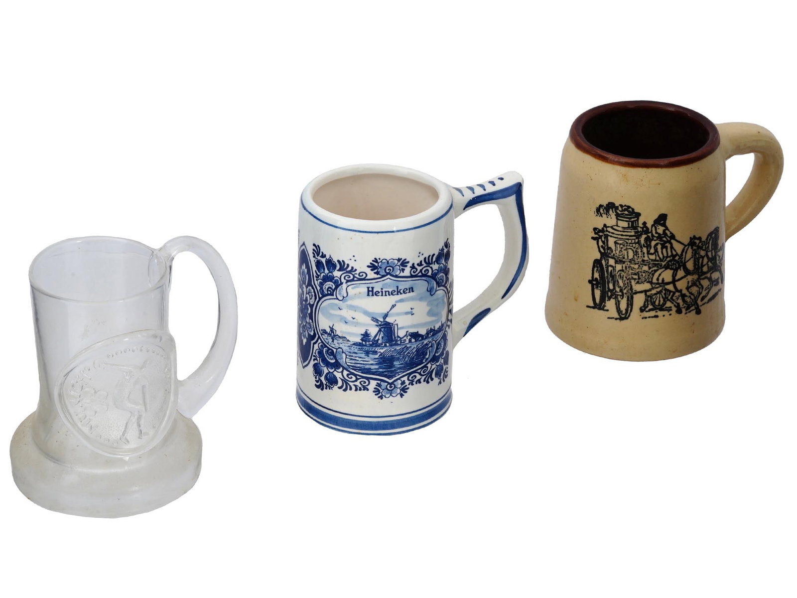 ENGLISH AMERICAN DUTCH GLASS AND CERAMIC BEER STEINS: A group of three vintage English, American and Dutch glass and ceramic beer steins. The lot includes an English Dartington Crystal beer stein, dedicated to the 1972 Munich Olympics. A ceramic Dutch De