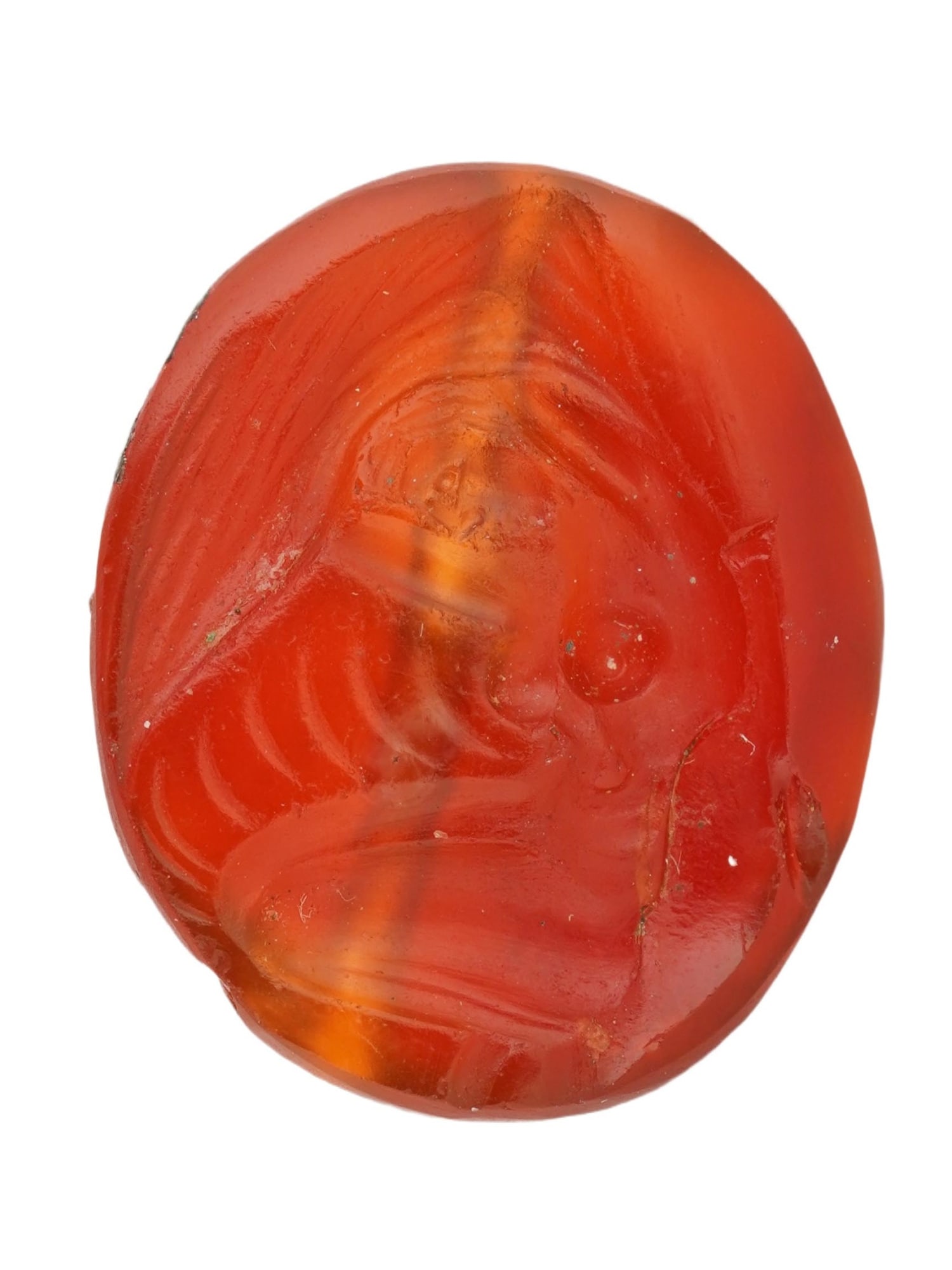 ROMAN MANNER HAND CARVED CARNELIAN STONE INTAGLIO: A hand carved Carnelian stone Intaglio depicting a kneeling female figure in the ancient Roman manner. Oval in shape. Antique and Vintage Roman and Victorian Jewelry Wares and Accessories, and Collect