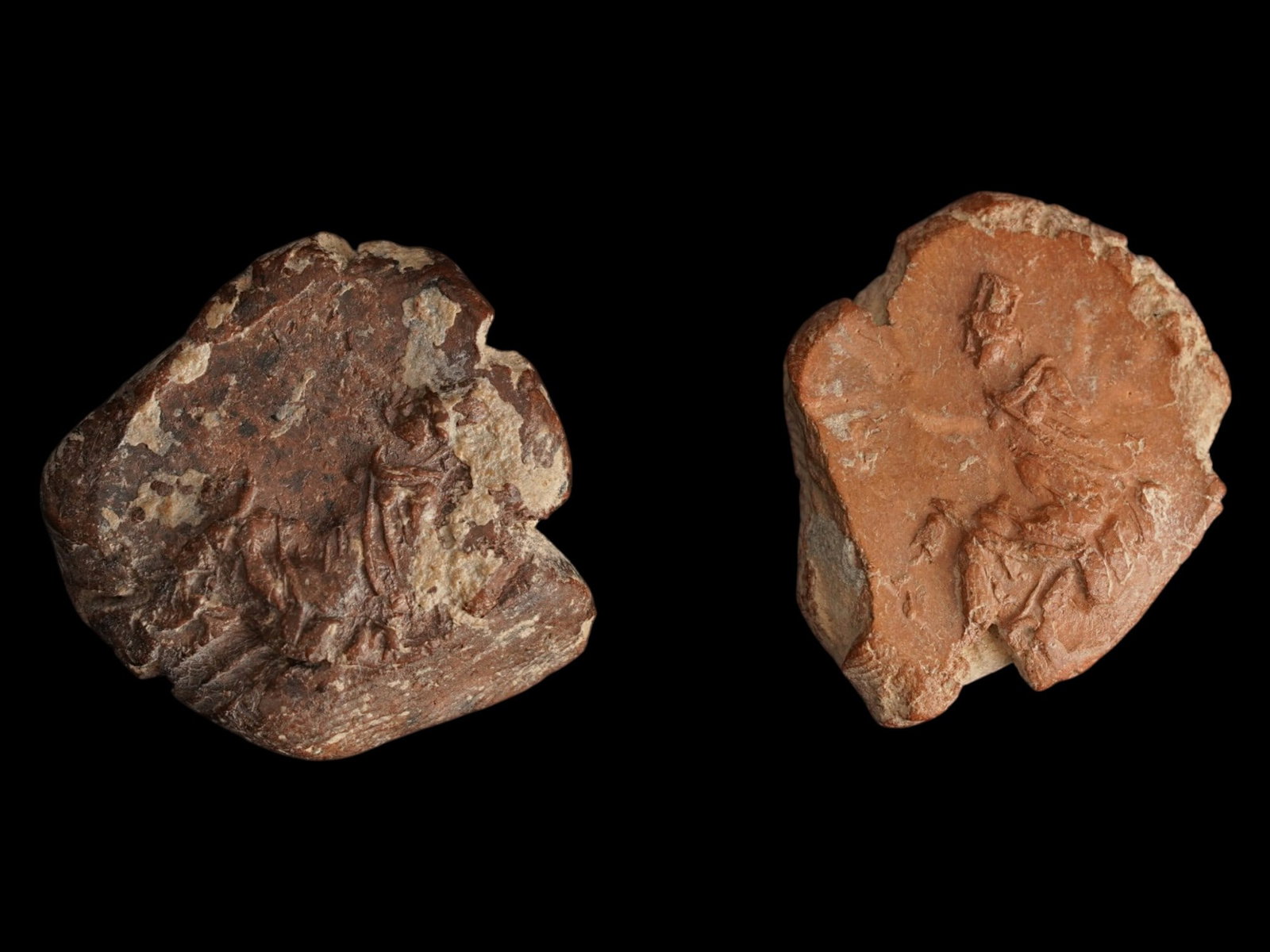ANCIENT ROMAN EMPIRE CLAY TESSERAE THEATRICAL TOKENS: A pair of Ancient Roman clay theatrical tokens known as tesserae, or samples for intaglios. Imperial era, ca. 100 to 300 AD. The items feature Tyche, the goddess of fortune. Historical Collectibles An