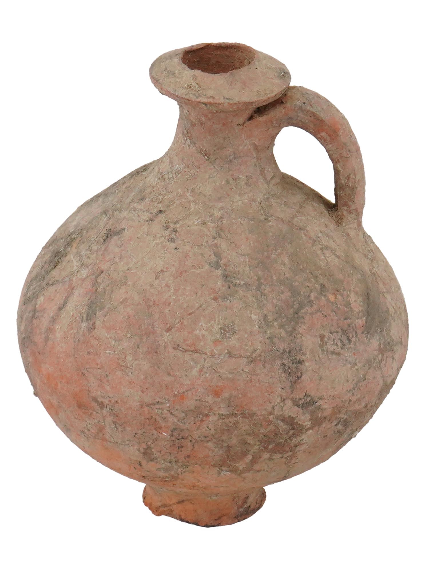 ANCIENT ROMAN STYLE CLAY FLAGON STORAGE JUG: An ancient Roman style clay flagon storage jug. Circa 1st to 2nd Century AD. The raised on a base jug has a rounded body with a narrow, short neck and a small, curved handle. Ancient Roman Pottery And