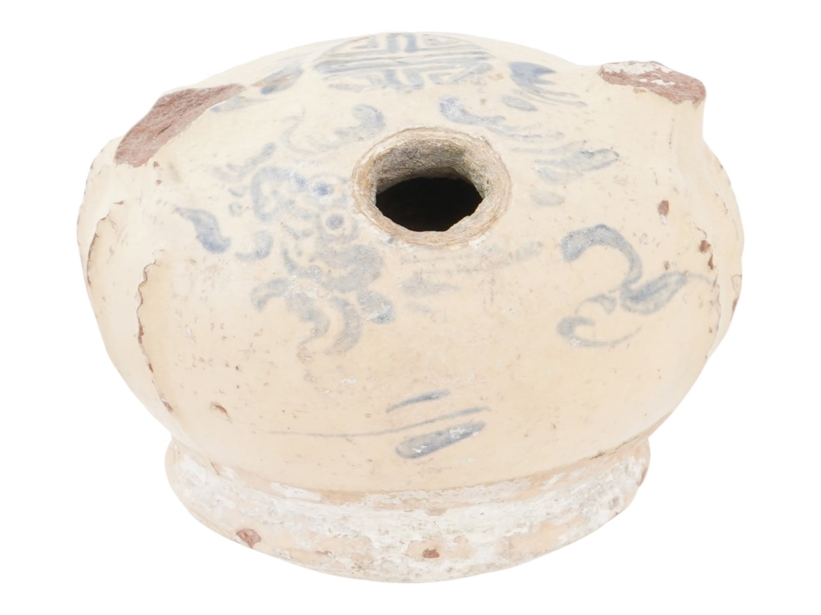 ANTIQUE VIETNAMESE NGUYEN DYNASTY CERAMIC LIME POT: An antique Vietnamese Nguyen Dynasty ceramic lime pot. Circa 1802 to 1945. The raised on the base item is of ovoid form with a round aperture at the shoulder. Decorated with relief ribbed decor on the