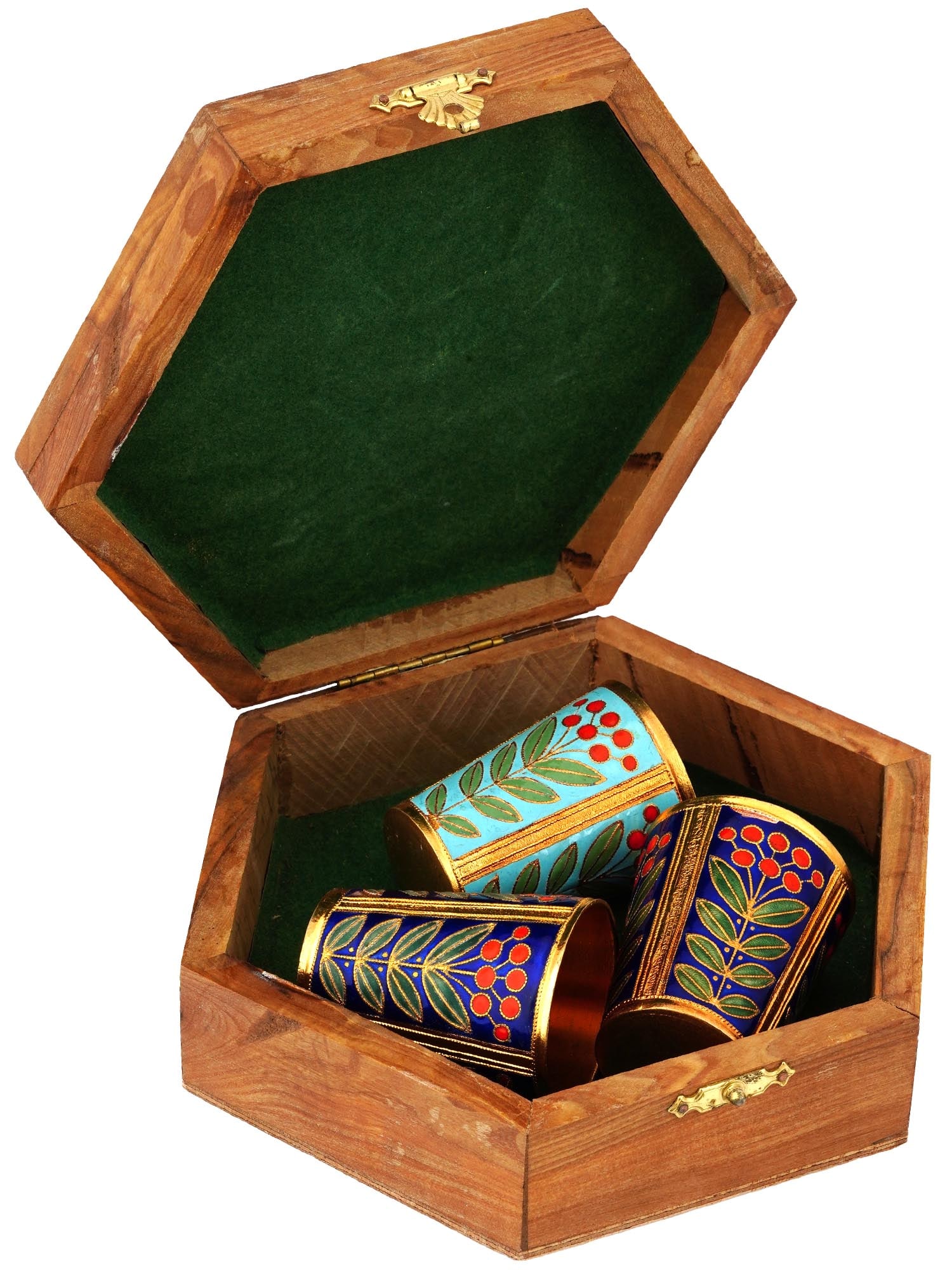 RUSSIAN ENAMELED SHOT CUPS IN WOODEN JERUSALEM BOX: A lot of vintage Russian Soviet enameled brass shot cups and a wooden Jerusalem box. The shot cups are slightly flared at the top, cylindrical shape, in a similar design in two shades of blue with an 