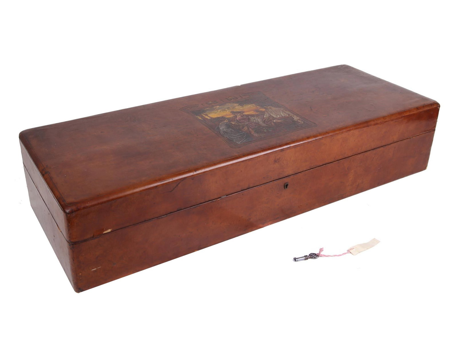 AN ANTIQUE ART NOUVEAU ALPHONSE MUCHA BOX 19TH C.: A stunning Art nouveau Austrian leather-covered jewelry box with silk covered interior. The surface is decorated with embossed patterns, on the lid, there is an Alphonse Mucha style painting with thre