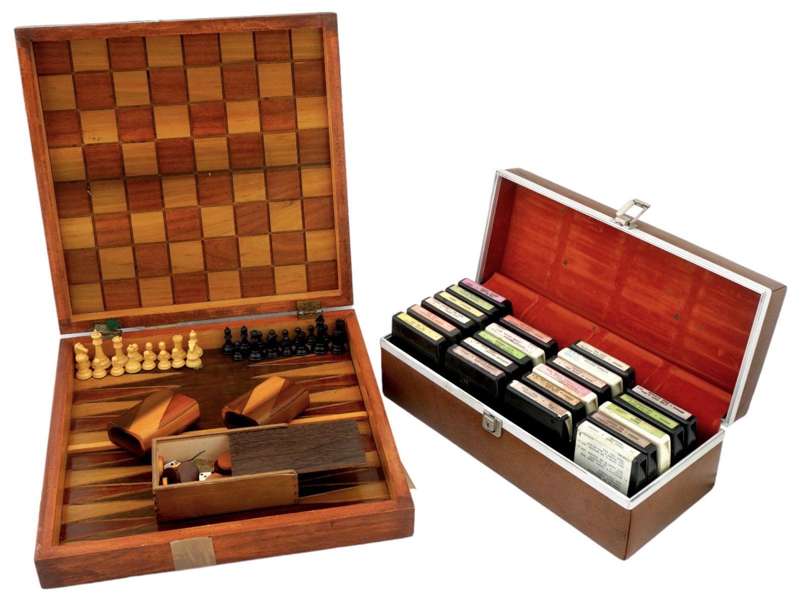 LOT OF RECORD STEREO TRACKS CHESS BACKGAMMON GAMES: A lot of various desk wares. The lot includes a hand carved wooden game box, chess and backgammon, completed with a small box with dibs and dices, and chess pieces; and a group of recorded stereo trac