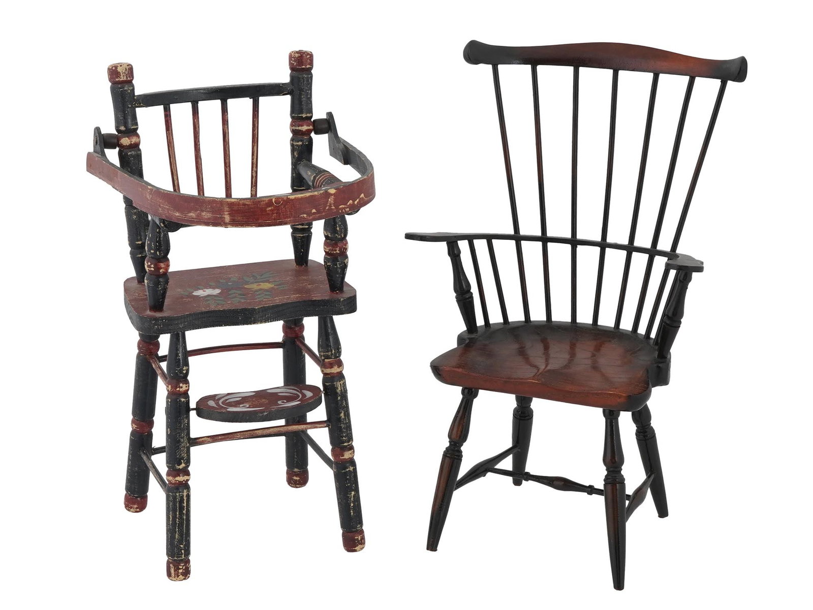 LOT OF TWO VINTAGE WOODEN BABY CHAIRS: A lot of two vintage wooden baby chairs. The first chair is a highchair, painted in black and red with floral decorations on the seat and footrest. Bears a sticker on the underside. The second chair i
