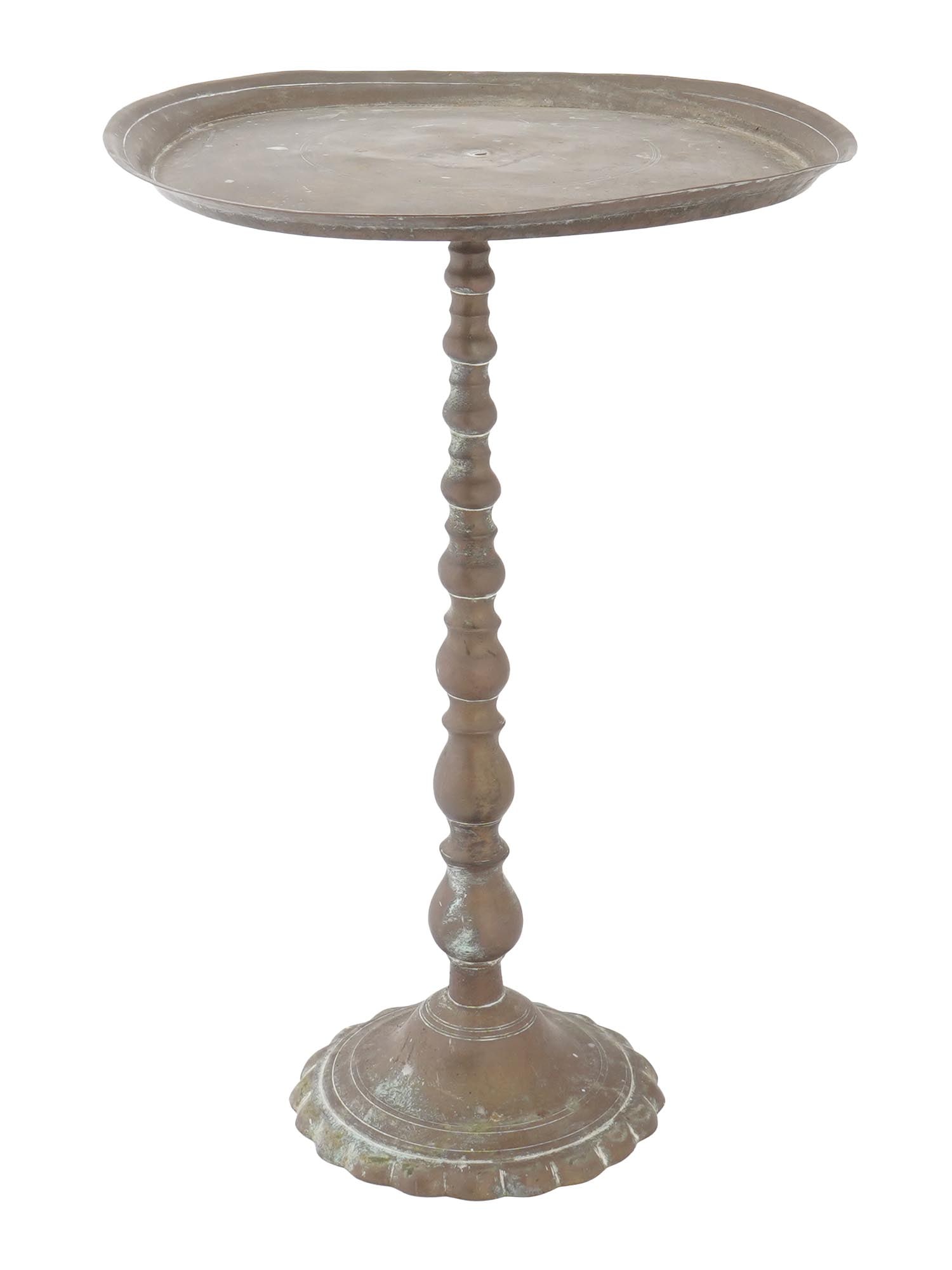 ANTIQUE OTTOMAN ISLAMIC BRONZE TABLE: An antique Ottoman bronze table. It has a round top, a baluster-shaped stem composed of rounded segments, and a circular, scalloped base. Antique Islamic Items, Home Decor And Bronze Collectibles. THI