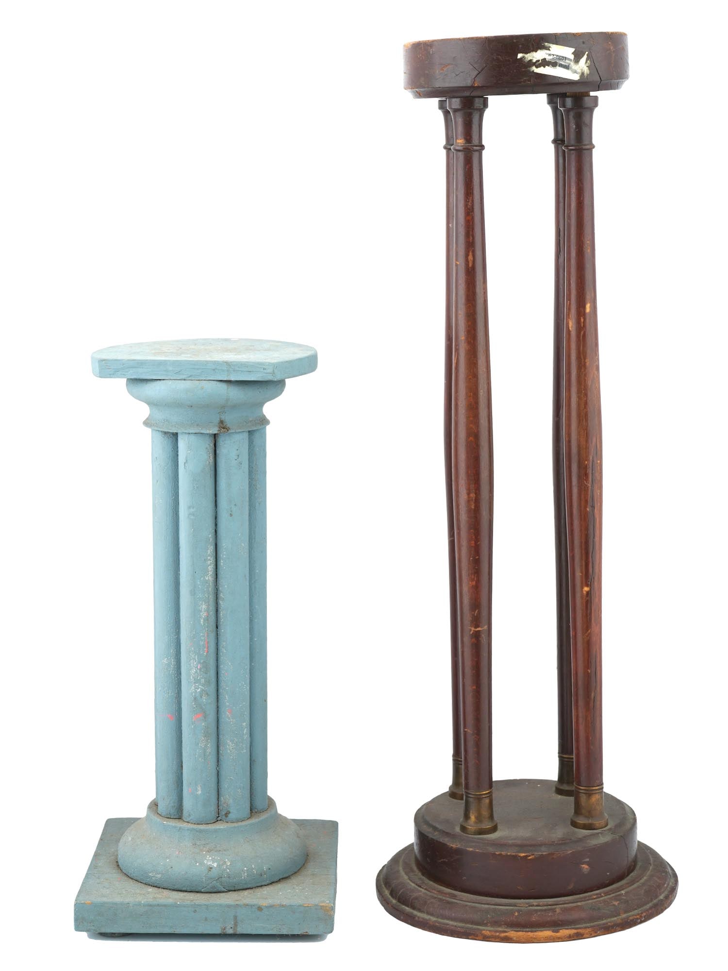 TWO ANTIQUE WOODEN COLUMN PEDESTALS CA 19TH C: A lot of two antique wooden pedestals are modeled as columns. Circa: Mid to late 19th century. The first pedestal is sky blue on a square base. The second taller one is brown with thin columns and a r