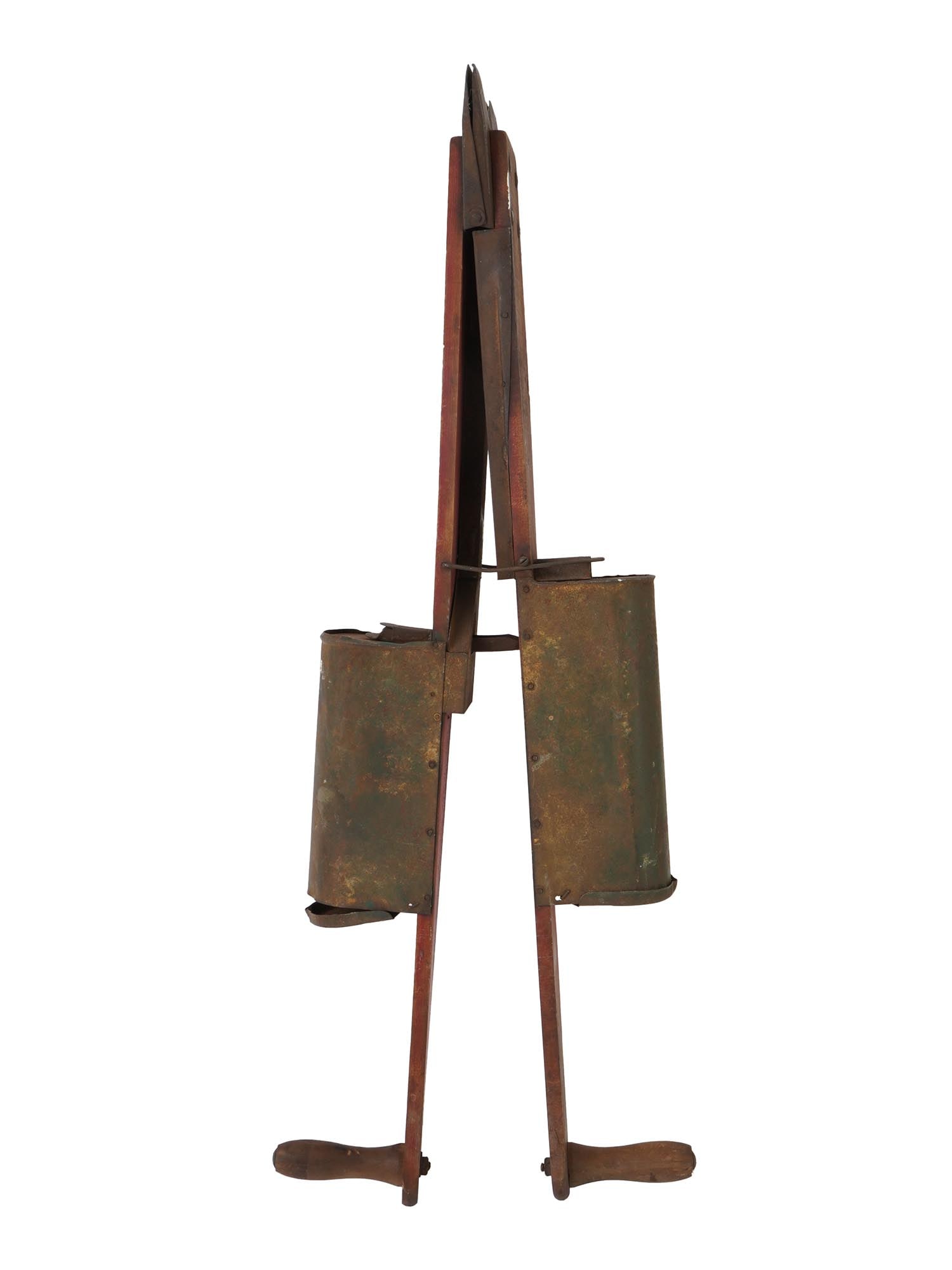 ANTIQUE AMERICAN ACME FERTILIZER PLANTER CORN SEEDER: An antique American Acme fertilizer planter featuring a hand corn seeder made of metal and wood, manufactured by Acmetine Mfg. Co., Traverse City, Michigan, USA. The piece features two hoppers with li