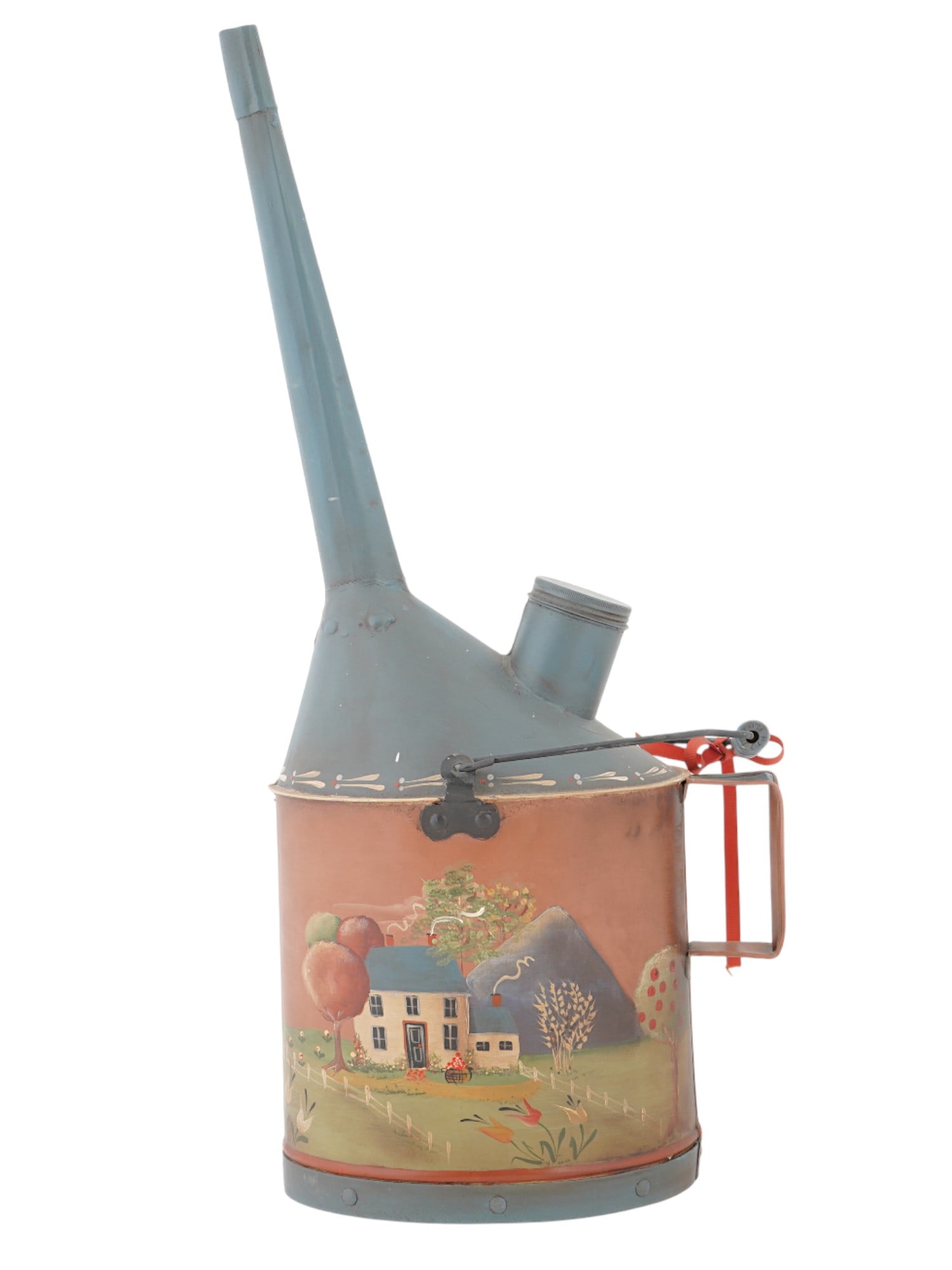 VINTAGE RAILROAD LONG SPOUT HAND PAINTED OIL CAN: A vintage railroad long spout hand painted oil can. The item features a long, thin spout, a handle, and a separate filler cap. The body of the can is decorated with a painted scene featuring a house, 
