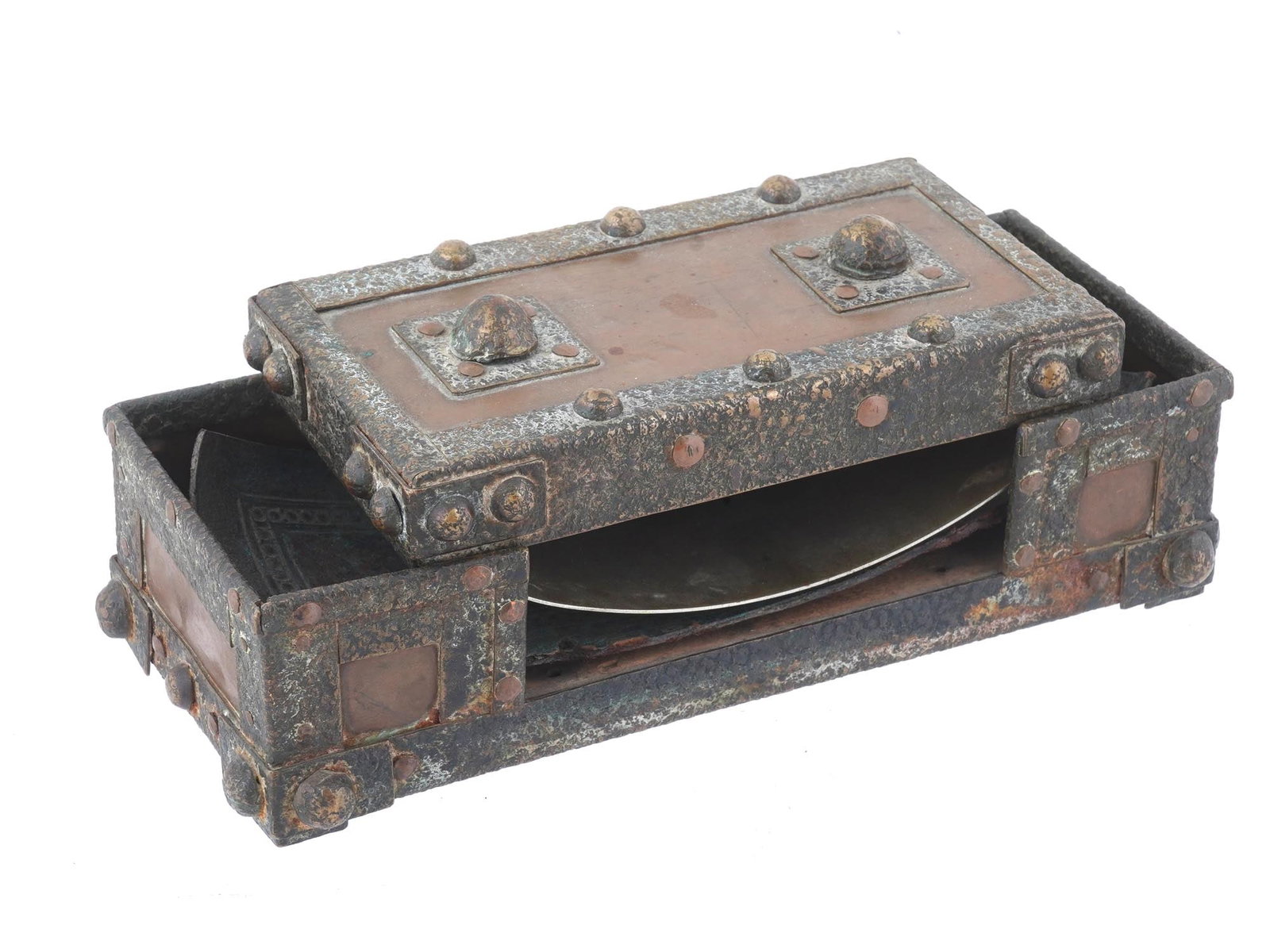 ANTIQUE METAL DESK SET WITH DECOR: An antique metal box features a lid secured by a series of decorative studs. The box appears to have a layer of copper on the lid. The bottom inside of the box is covered with wood panel. It may have 