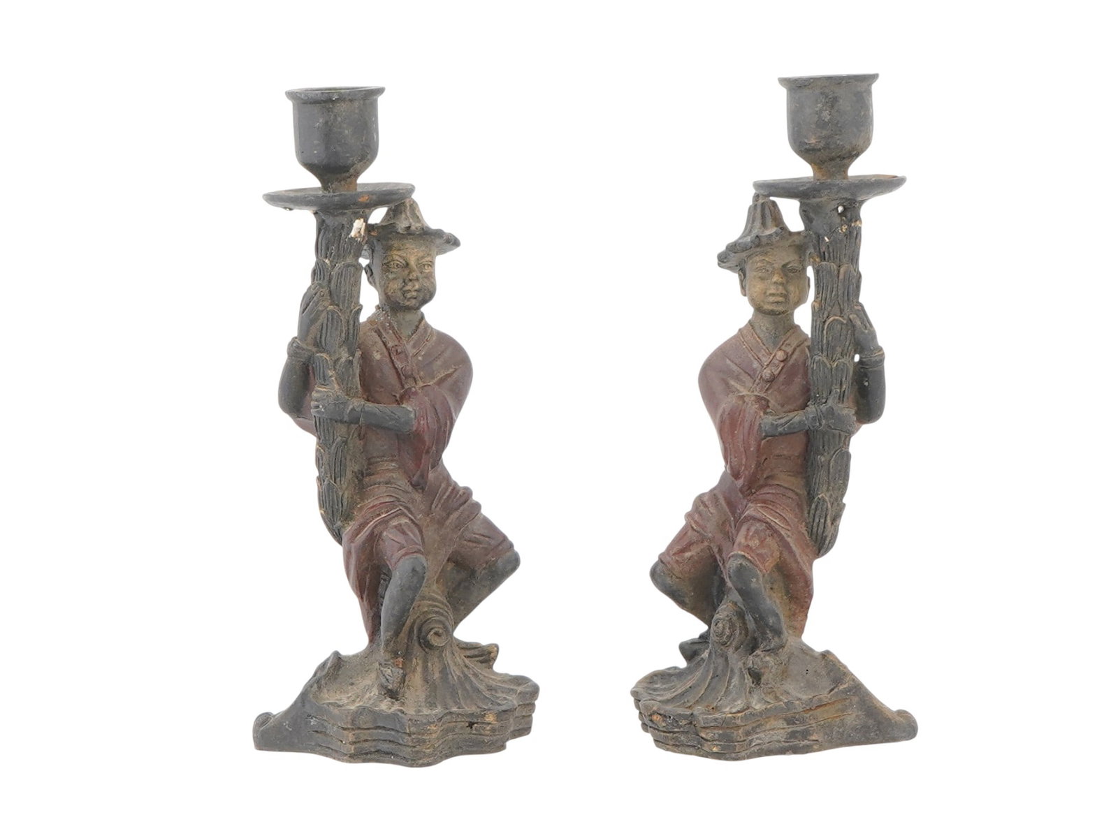 PAIR OF VTG CHINOISERIE PAINTED BRONZE CANDLE HOLDERS (1 of 9)