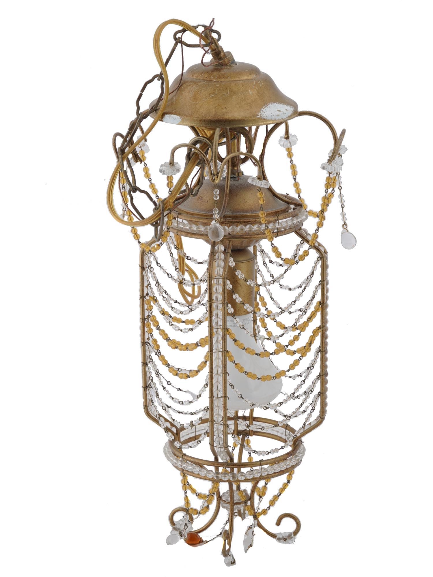EUROPEAN STYLE HANGING BRASS LAMP W GLASS BEADS: A vintage European style hanging brass lamp. The lamp is made in the shape of a cage and adorned with hanging chains of clear glass and gold tone beads. Upper and lower parts are adorned with curved b