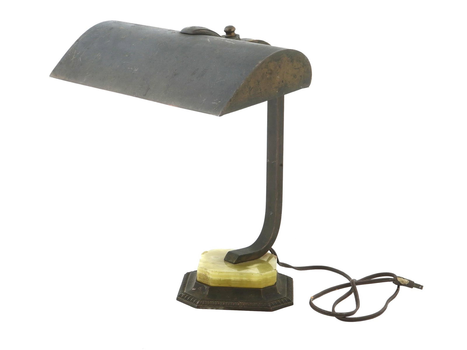 VINTAGE AMERICAN BANKERS ELECTRIC DESK LAMP: A vintage American industrial bankers electric desk or table lamp. The textured cast iron base is decorated with a stone. Circa 1930s. Equipped with a Kitchen and Bath F14T12 KB, 14W bulb. These types