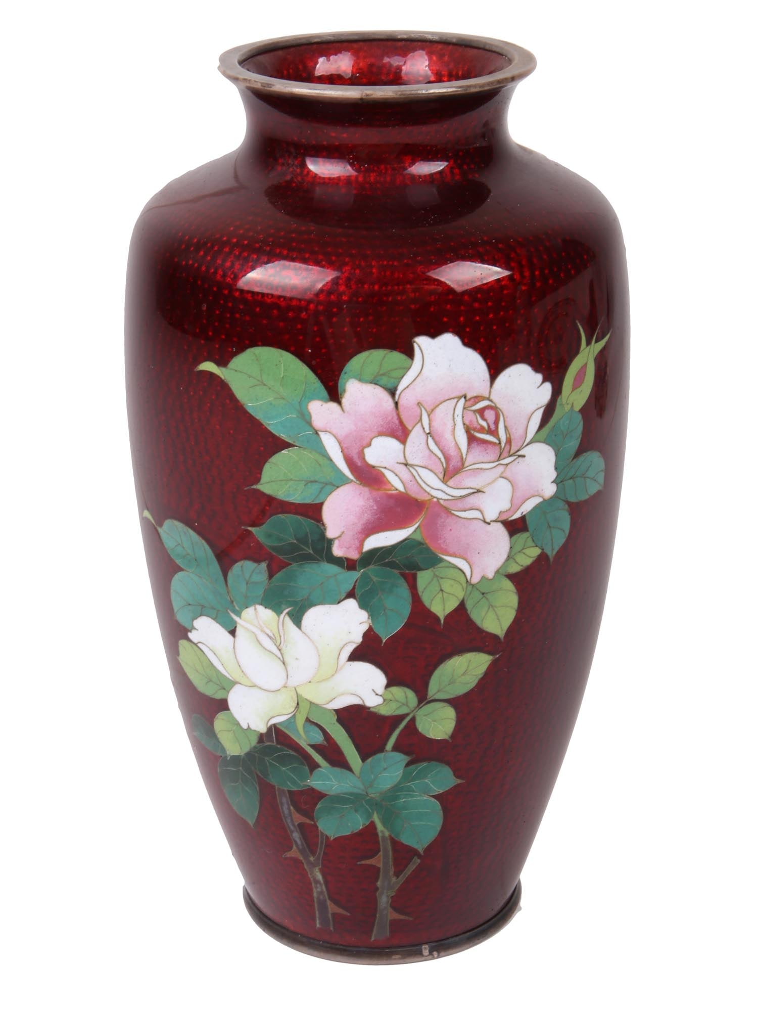 VINTAGE JAPANESE CLOISONNE ENAMEL AND SILVER VASE: A vintage small Japanese silver and enamel vase. The ground is covered with a red Guilloche enamel and adorned with a floral rose pattern made in the Cloisonne technique. Marked with a Silver hallmark