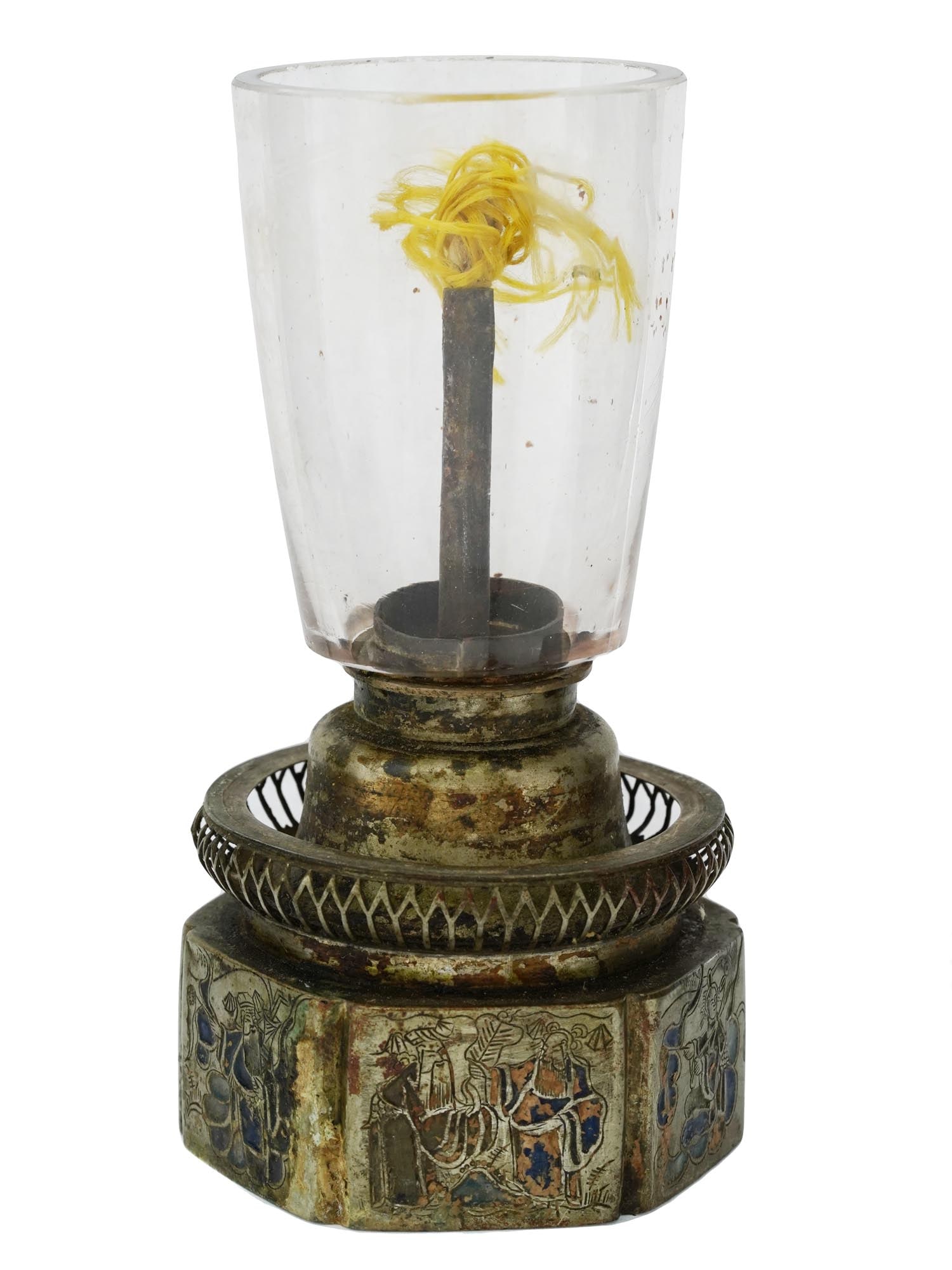 ANTIQUE CHINESE QING DYNASTY BRASS OPIUM LAMP: An antique Chinese brass opium lamp. Qing era, 19th century. Hexagonal footed piece. The body is garnished with etched multi-figure scenes. Pierced top rim. Clear glass shade. An opium lamp is an oil 