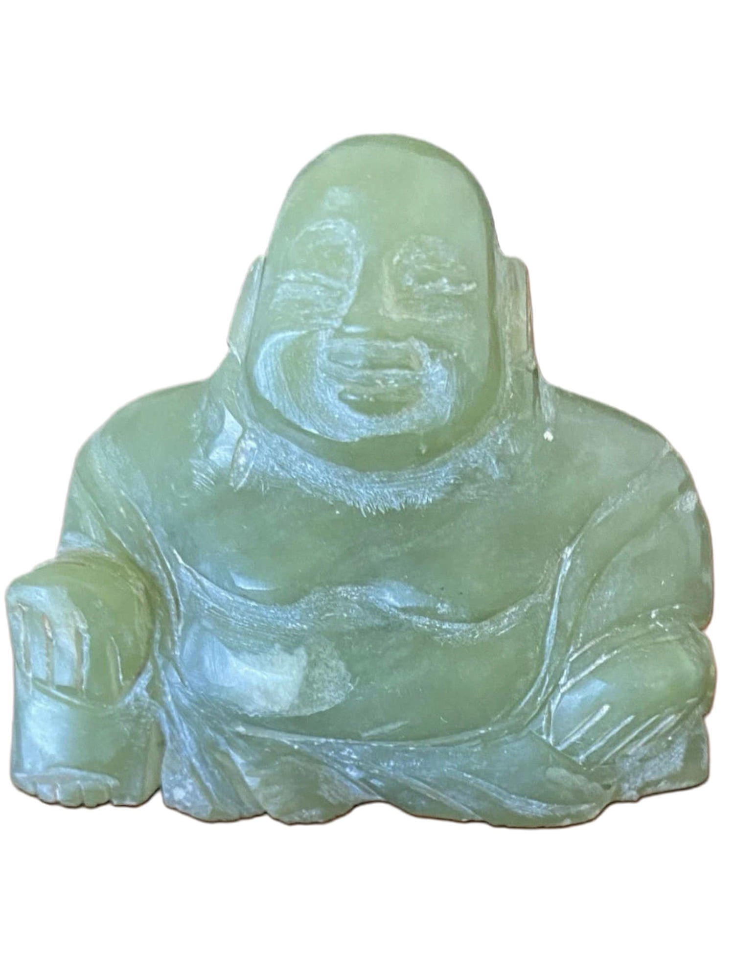 CHINESE CARVED SERPENTINE LAUGHING BUDDHA STATUE FIGURE: A decorative Chinese carved stone figure of Budai (Laughing Buddha), shown seated with exposed belly and flowing robes. Carved from pale green serpentine (“new jade”), the stone displays a sof
