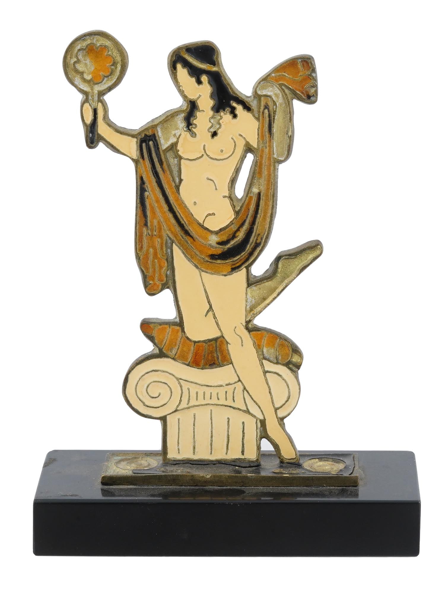 G. HALKIDES ENAMELED BRONZE GREEK WOMAN SCULPTURE: A vintage Greek enamel bronze sculpture hand made by G. Halkides. Signed on the base with initials G.H. Mounted on a rectangulad sockle. Vintage Souvenirs, Greek Bronze Figurines And Decorative Collec