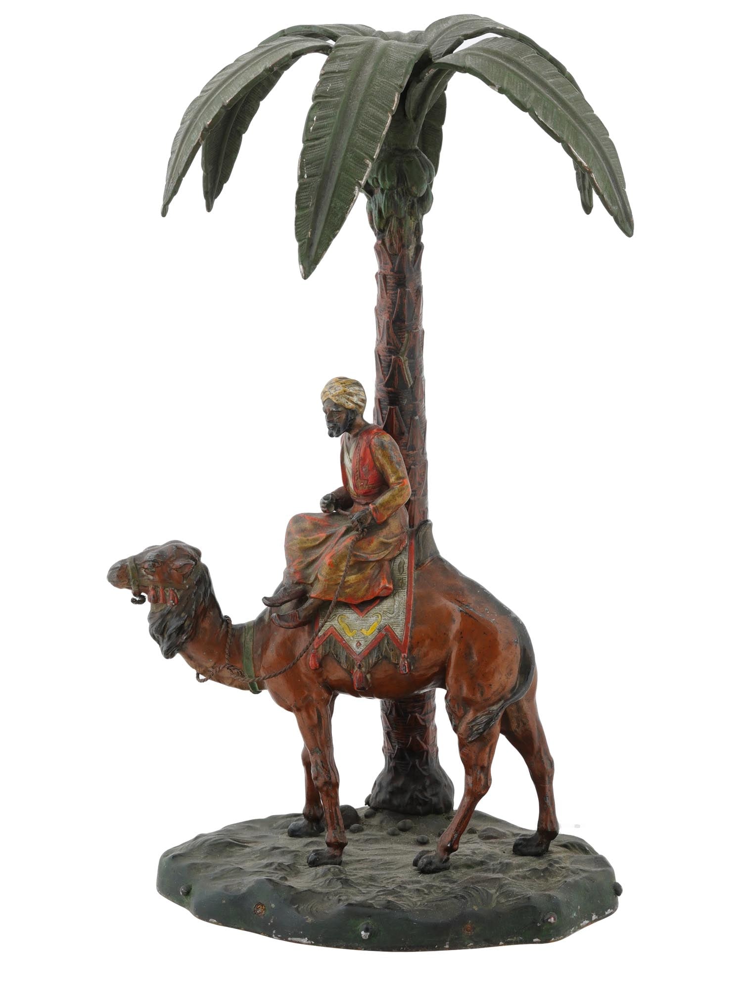 AUSTRIAN FRANZ BERGMANN MANNER BRONZE SCULPTURE: An antique Austrian cold painted bronze figure in the manner of Franz Xaver Bergmann. The figure depicts an Oriental man riding a camel under a palm tree. Mounted on an oval shaped base. Marked, Austr