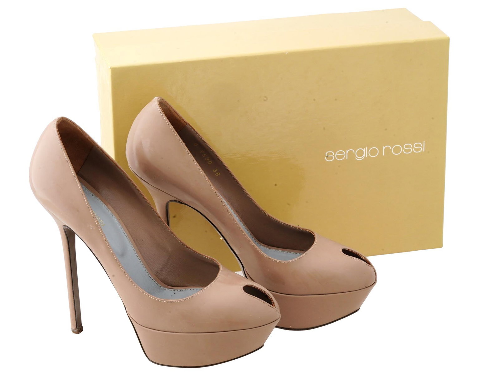 SERGIO ROSSI BEIGE LEATHER PLATFORM HEELS IOB: A pair of vintage womens lacquered beige leather platform stiletto heels by Sergio Rossi. European size 38. The pair comes in original box. Luxury Fashion Accessories For Women, Elegant Shoes. THIS LO