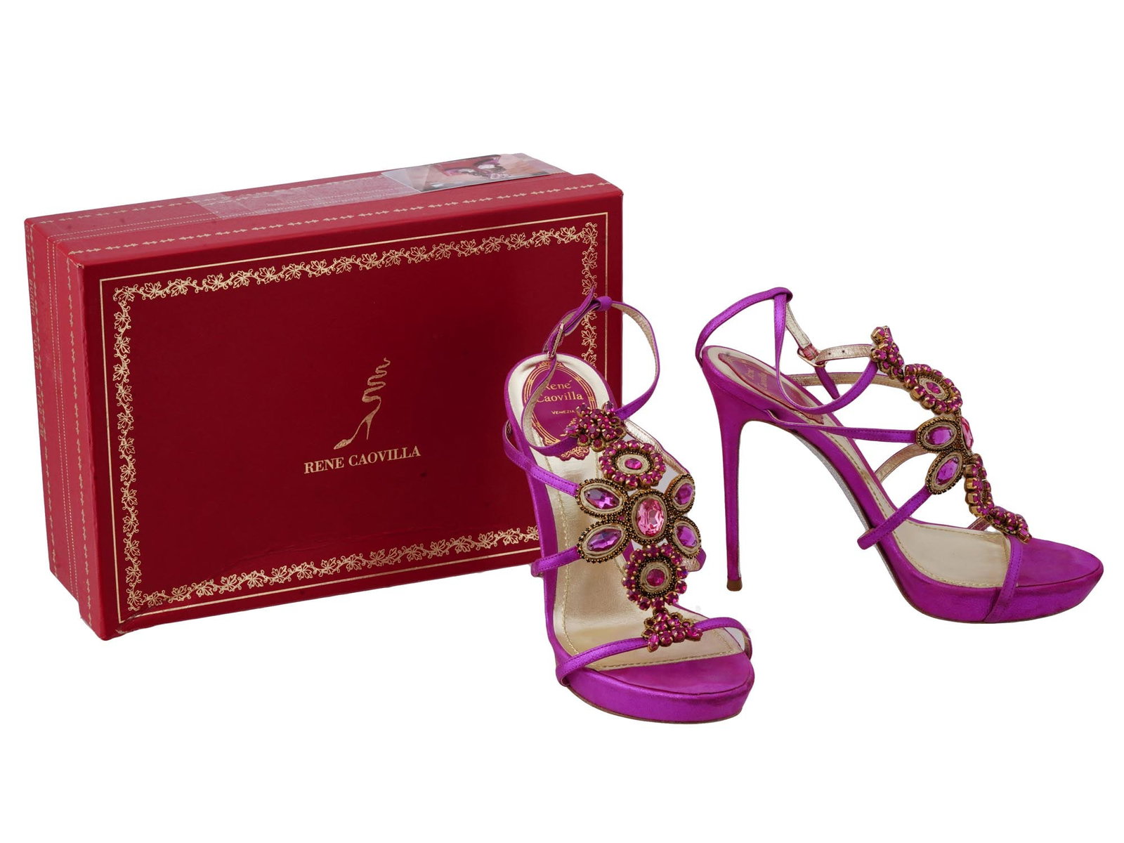 RENE CAOVILLA FUCHSIA CRYSTAL SANDAL HEELS IOB: A pair of vintage womens stiletto sandal heels by Valentino Garavani. European size 38. Fuchsia satin pumps garnished with pink and purple crystals. The pair comes in original box. Luxury Fashion Acce