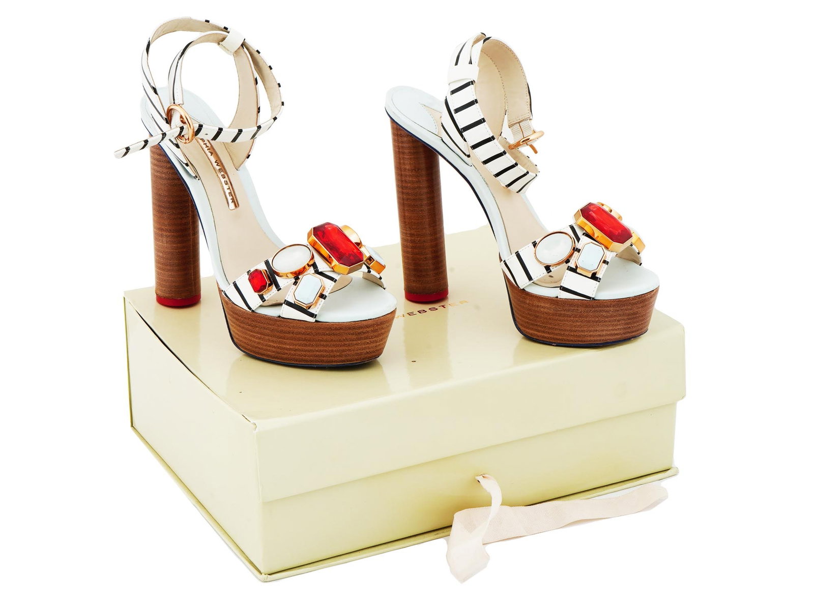SOPHIA WEBSTER AMANDA PLATFORM SANDAL HEELS IOB: A pair of vintage womens platform sandal heels by Sophia Webster. Amanda model. European size 38. Striped white leather pumps garnished with red and light-blue crystals. The pair comes in original box
