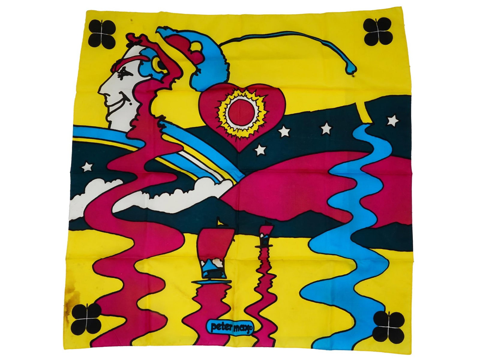 1970S PETER MAX FOR 4H PSYCHEDELIC ART SCARF: A vintage square scarf, designed by Peter Max for 4-H. Ca. 1975. Made of polyester. The design features a head hearts and boats capped off with four-leaf clovers, representing love, joy, and health. P