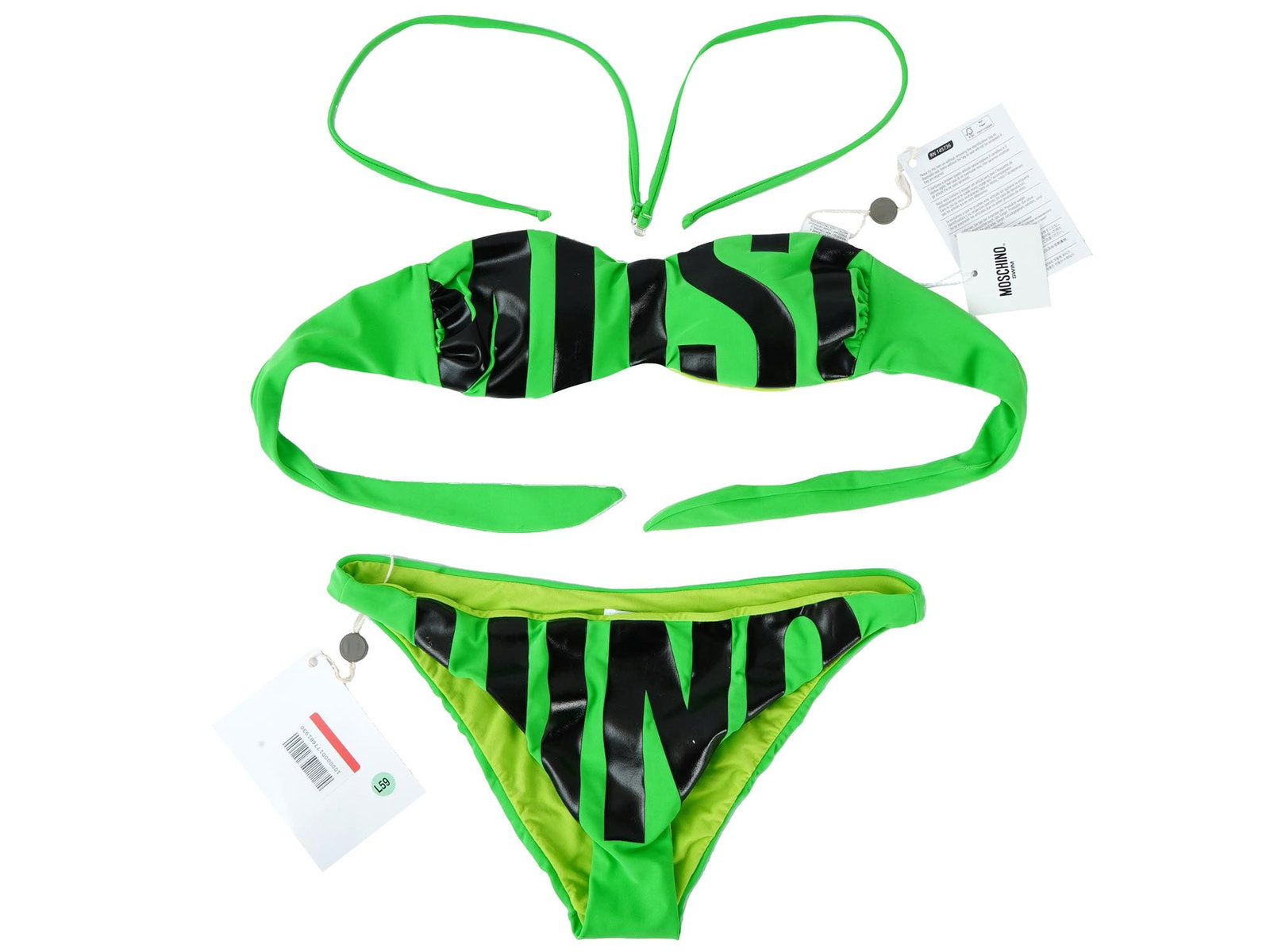 AMERICAN GREEN AND BLACK SWIMSUIT BY MOSCHINO: An American bandeau swimsuit by Moschino. Made of synthetic jersey with a black print in the form of a brand logo on a green background. The straps are detachable from the bodice. It has all the label