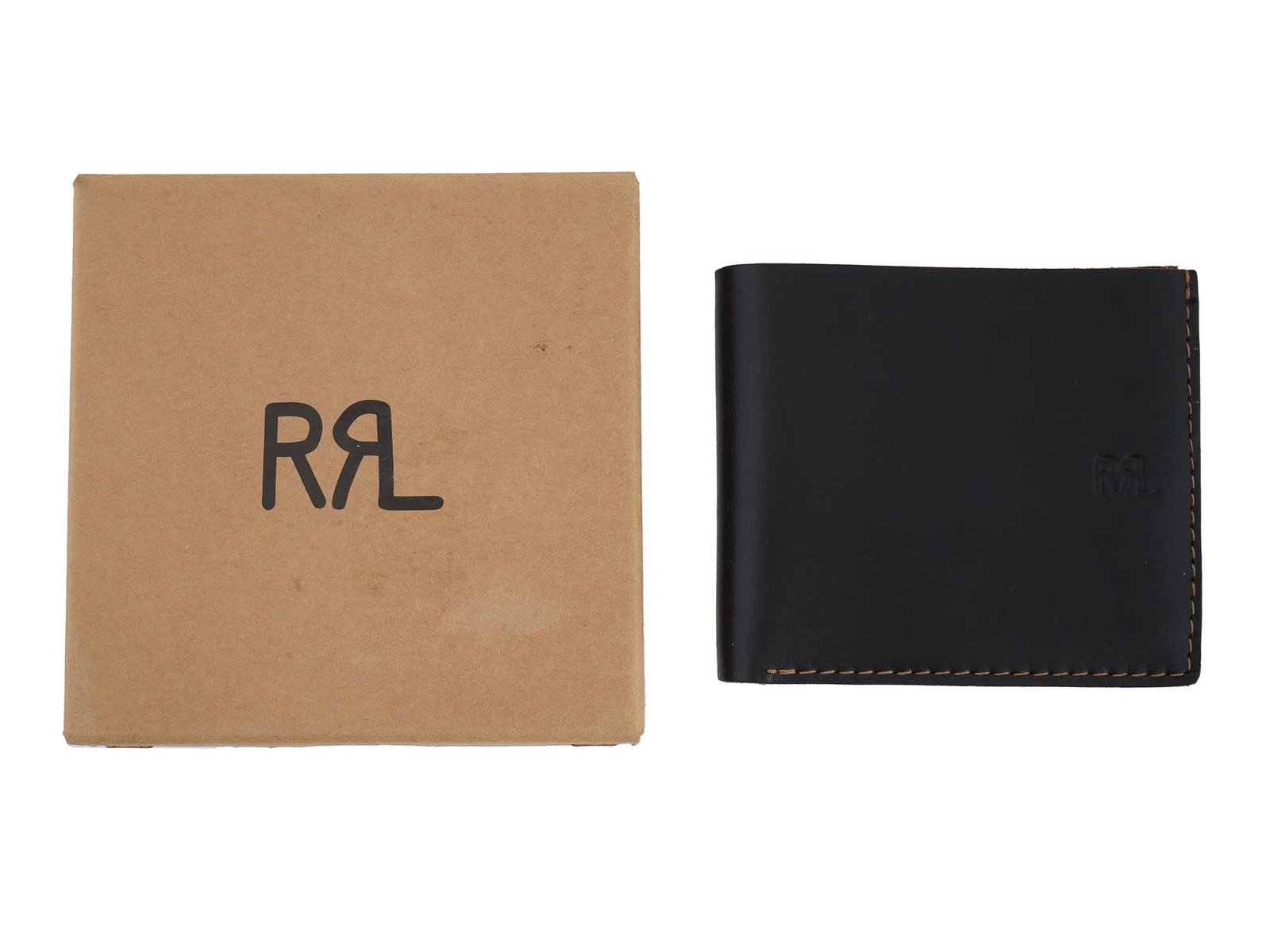 VINTAGE RRL RALPH LAUREN BLACK LEATHER WALLET IOB: A vintage mens wallet by RRL, a Ralph Lauren line inspired by the aesthetics of the Old West. Black and brown leather color. Bi-fold type. Eight card slots, two slip pockets and a currency pocket at t