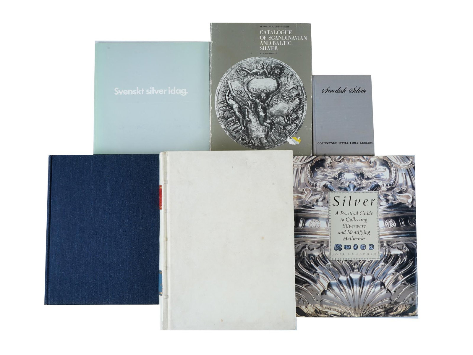 VINTAGE SILVER COLLECTING GUIDES AND CATALOGS BOOKS: A lot of six vintage books dedicated to silverware. Catalogue of Scandinavian and Baltic Silver by R.W. Lightbown, 1975. Swedish Silver, Collectors Little-Book Library, 1950. Silver, A Practical Guide