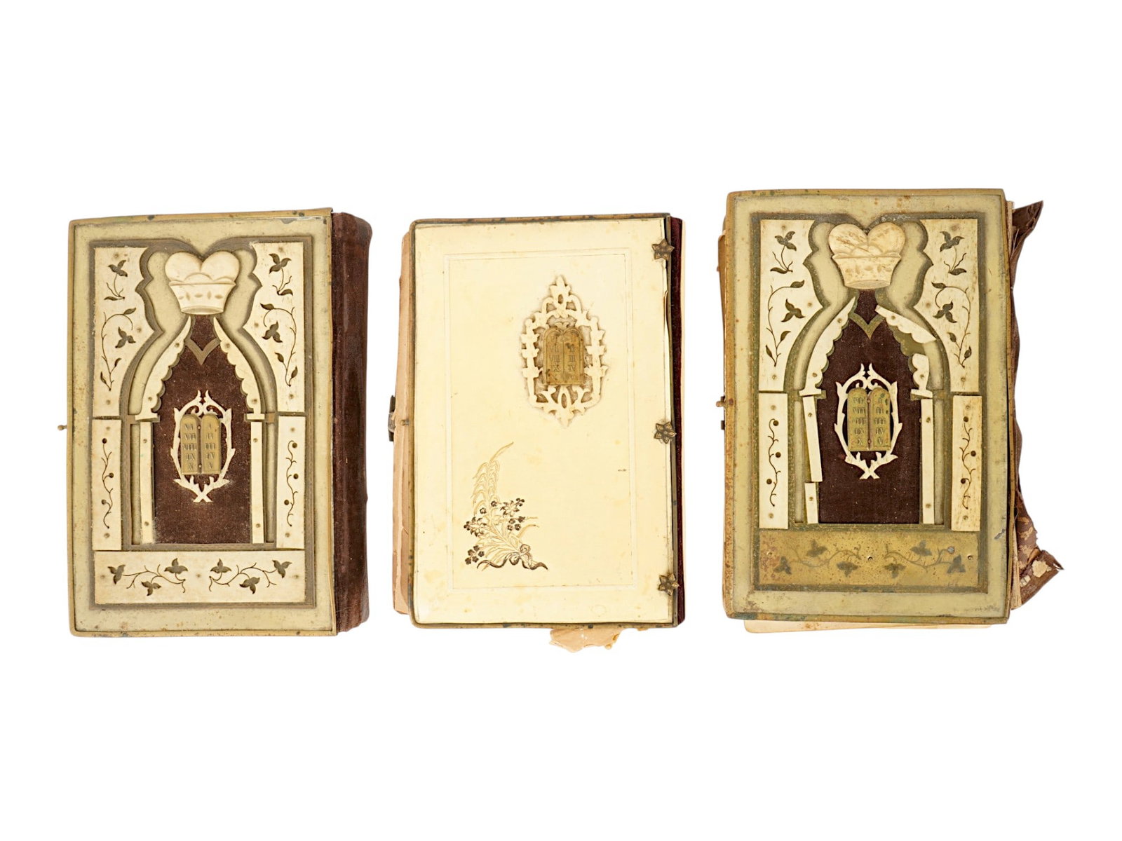 LOT OF ANTIQUE JUDAICA PRAYER BOOKS IN ENGLISH HEBREW: A collection of three antique Judaica prayer books from the 19th and early 20th centuries, containing Hebrew texts with parallel English translations. The collection includes a book, Form of Prayers f