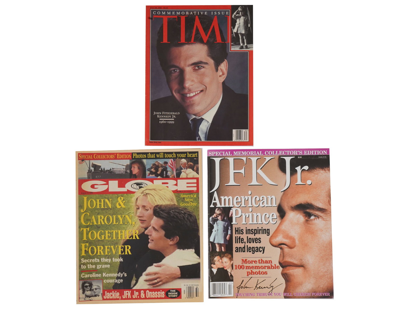 VINTAGE MAGAZINES TIME GLOBE JOHN F. KENNEDY JR. 1999: Three vintage magazines commemorating the legacy of John F. Kennedy Jr., published in tribute following his tragic passing. Includes a Time Magazine issue, a Globe tabloid magazine issue, and JFK Jr. 