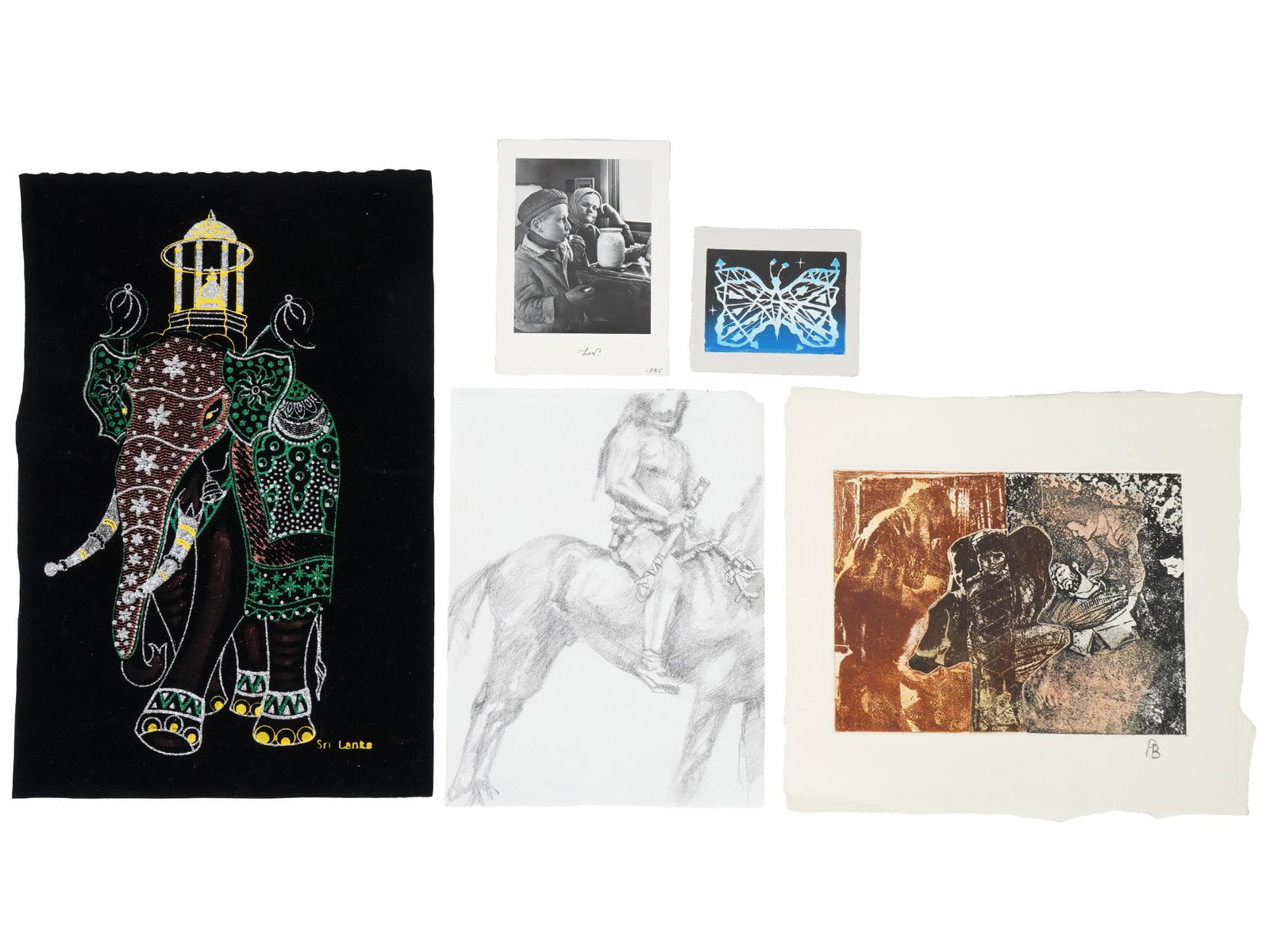 LOT OF MIXED MEDIA ARTWORKS AND PHOTO PRINT SIGNED: A lot of four mixed media artworks representing an elephant, a butterfly, an Expressionist composition and a pencil painting representing a ride. One is signed with a monogram, lower right; and additi