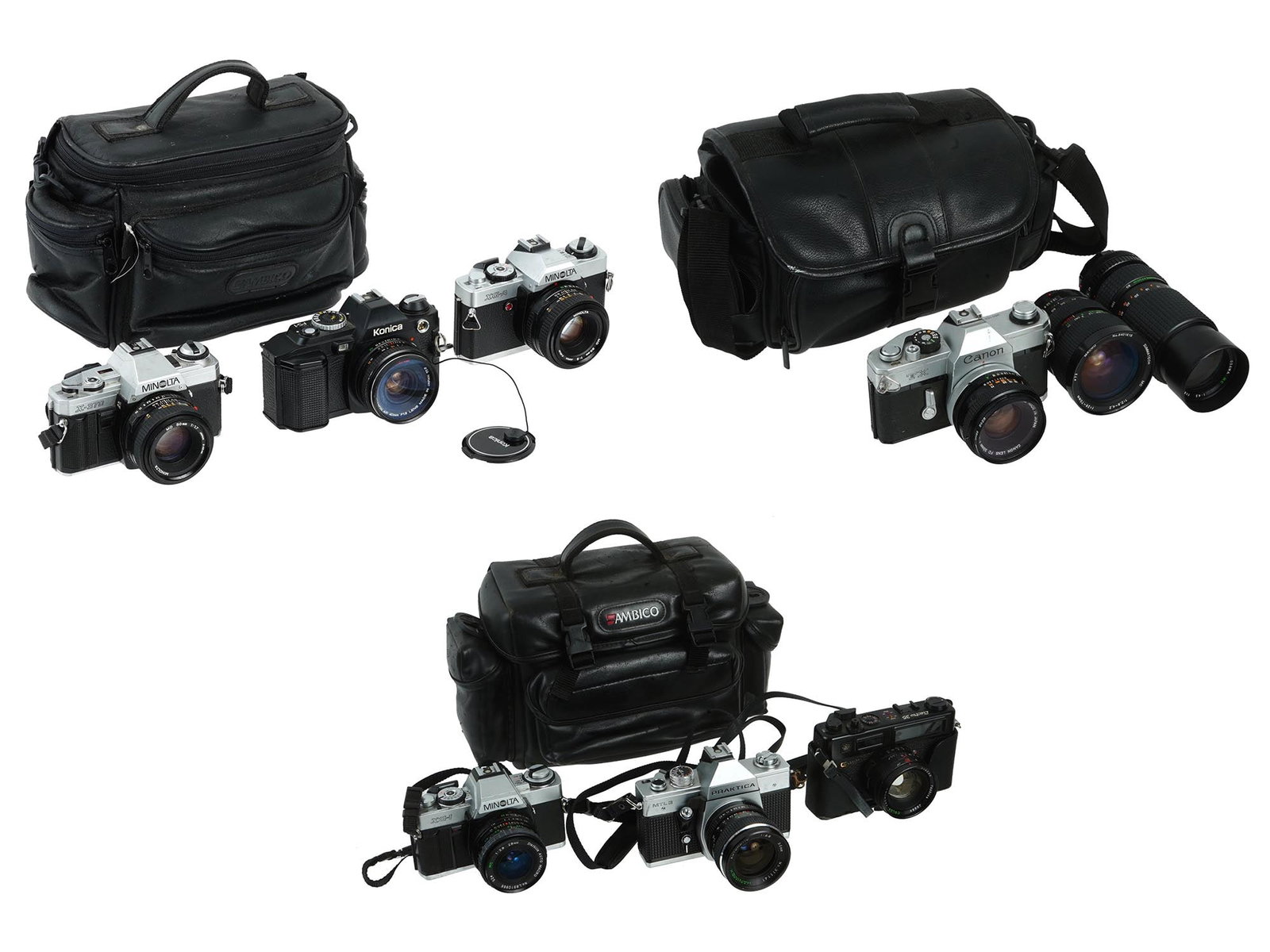 VINTAGE PHOTO CAMERAS MINOLTA KONICA CANON PRAKTICA: A large lot of vintage photo cameras stored in three bags, featuring well-known brands such as Minolta, Konica, Canon, Praktica, and Electro. This collection offers a range of classic models, ideal fo