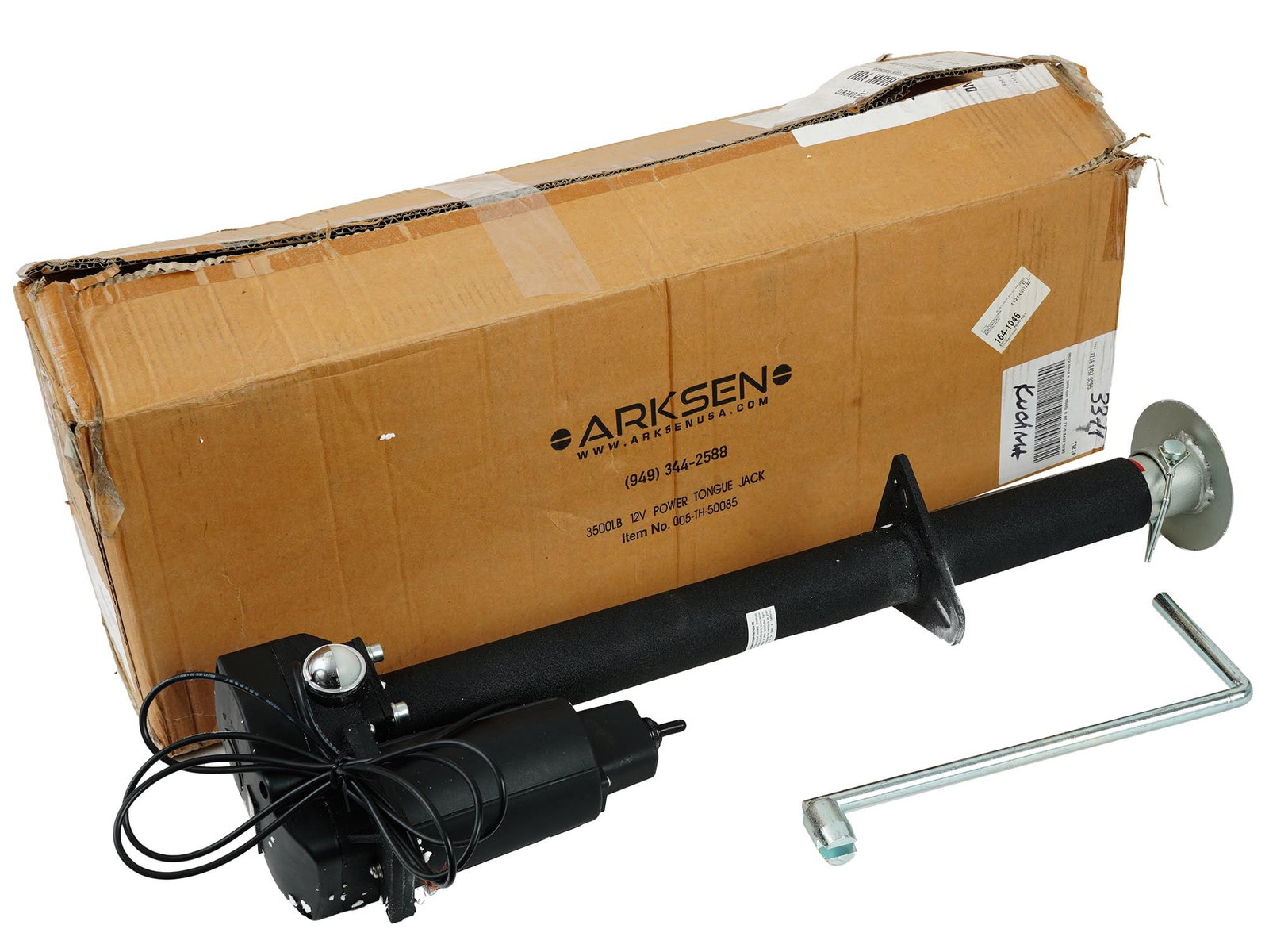 ARKSEN ADJUSTABLE ELECTRIC POWER TONGUE JACK LIFT: An adjustable electric Power Tongue Jack by Arksen. 3500 LB, 12V, serial no. 005-TH-50085. The item comes in original box. Electronic Appliances, Vehicle Power Tools, Trailer And Camper Equipment. THI