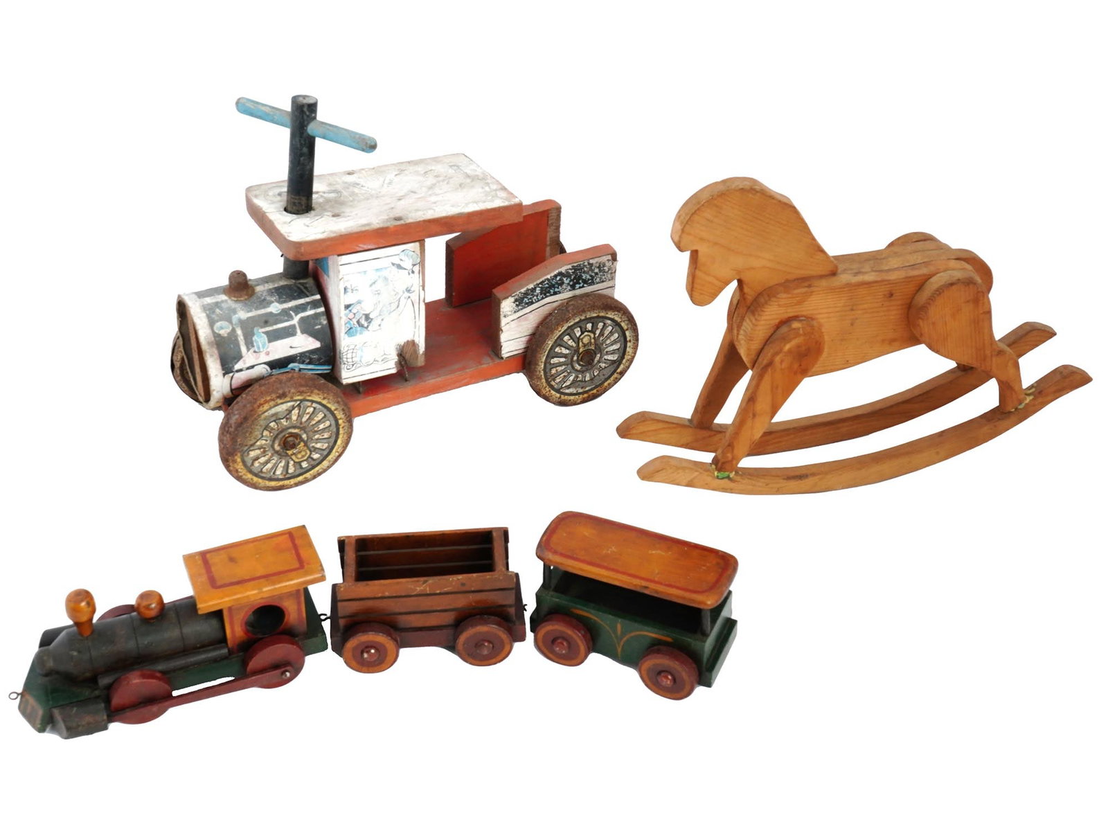 COLLECTION OF VINTAGE WOODEN TOYS: A collection of vintage wooden toys, comprising a train, a car, and a horse, representing a charming assortment of classic playthings from days gone by. Vintage wooden toys are cherished for their sim