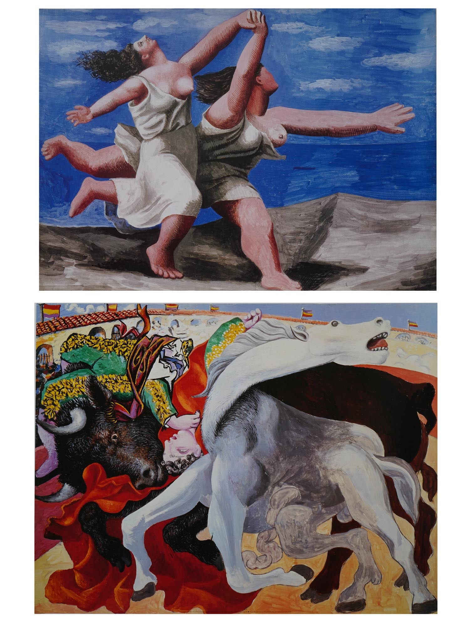 FRENCH PRINTS AFTER PAINTINGS BY PABLO PICASSO: Two French art prints after the paintings by Pablo Picasso. The first depicts Two Women Running on the Beach, painted during the summer of 1922 in Dinard, the second is The Bullfight, The Death of the
