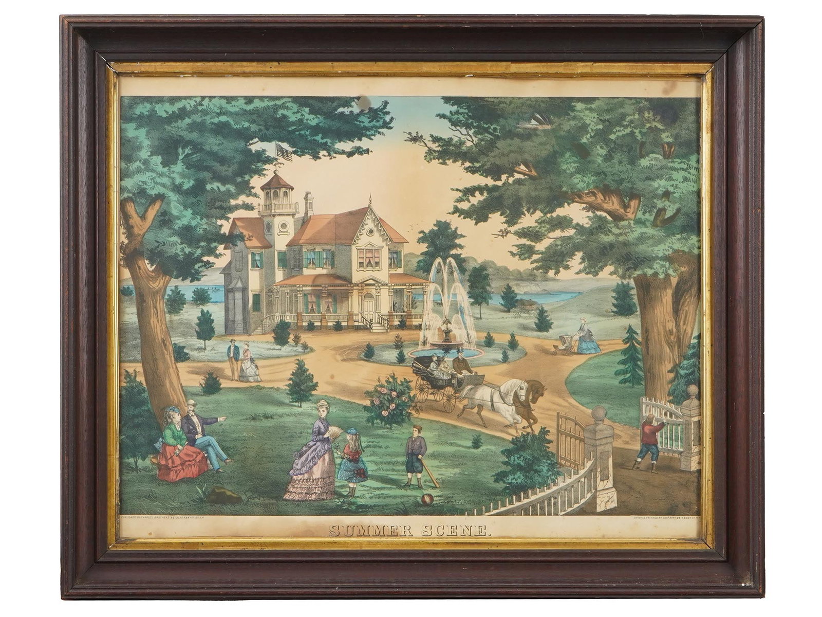 VINTAGE AMERICAN LITHOGRAPH BY CHARLES BROTHERS: A vintage American hand colored lithograph by Charles Brothers. Circa the first half of the 20th century. The artwork is titled Summer Scene and depicts a multi-figure composition with people relaxing