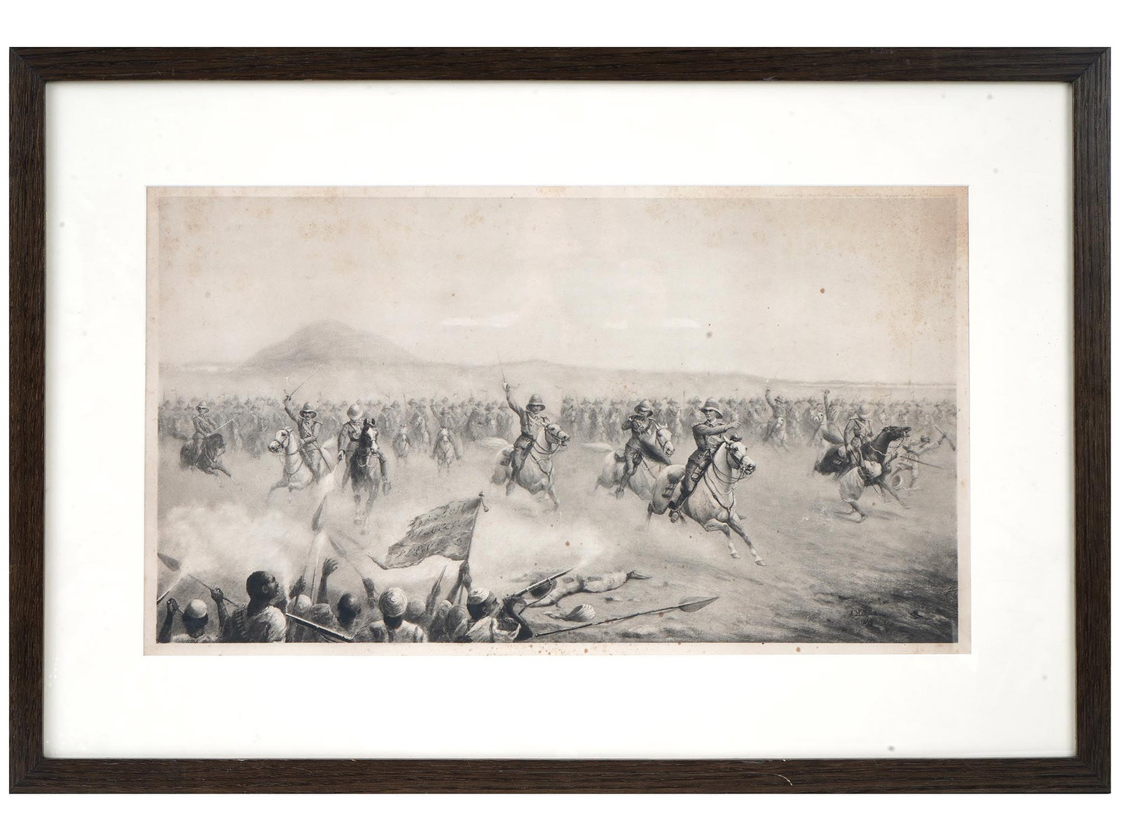 19TH CENTURY LITHOGRAPH OF BRITISH COLONIAL WAR: An antique 19th Century Lithograph on paper of Battlefield of the British Colonial War by J. Mathews, 1899. Framed and signed by the artist on the bottom right. Prints, Graphic Art And Lithograph For 