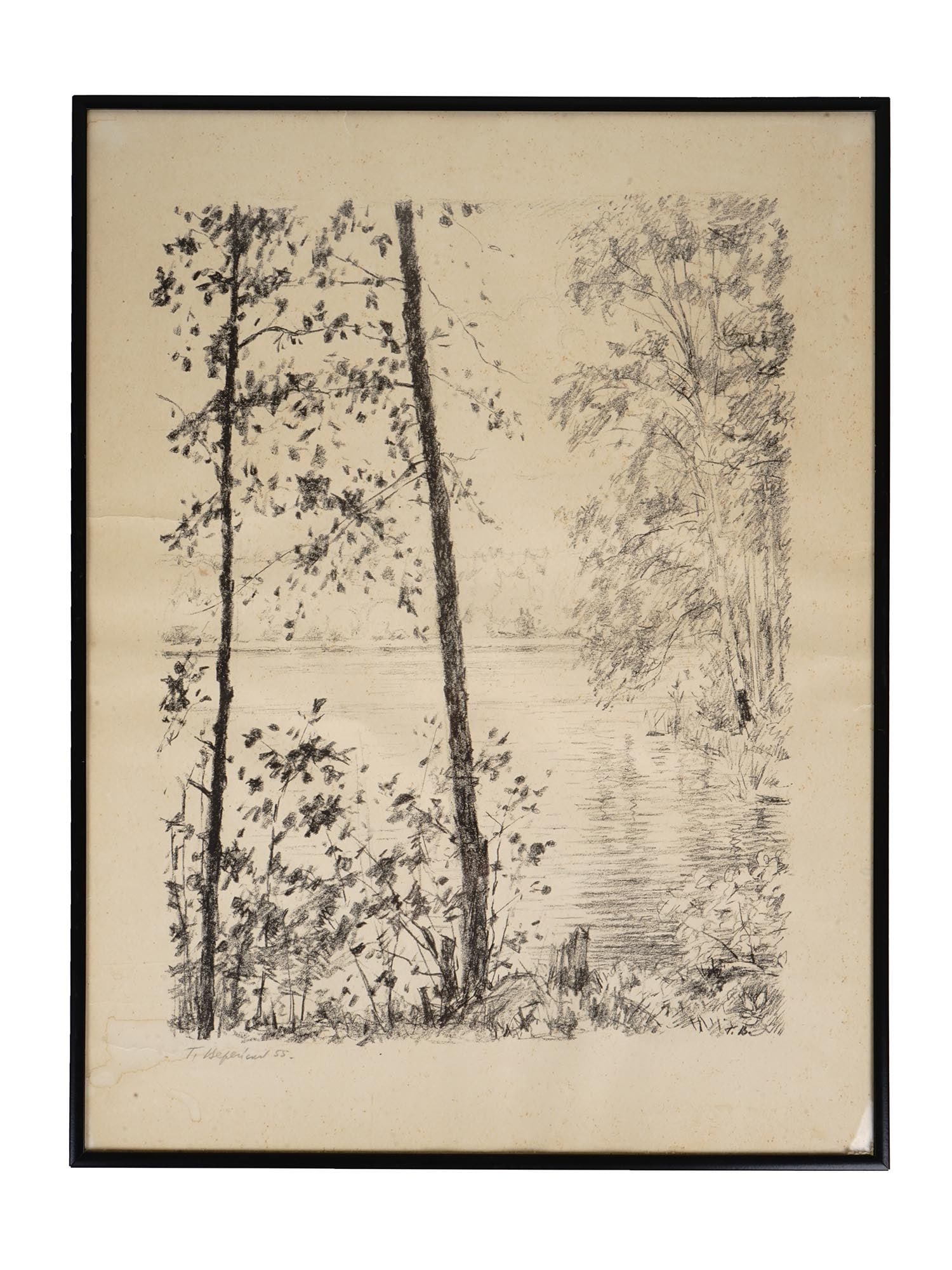 VINTAGE RUSSIAN LITHOGRAPH BY GEORGII VEREISKII: Georgii Vereiskii, Russian, 1886 to 1962, lithograph print depicting a natural landscape. Signed in the plate. Additionally signed and dated 1955 in pencil lower left. Framed. Georgii Semenovich Verei