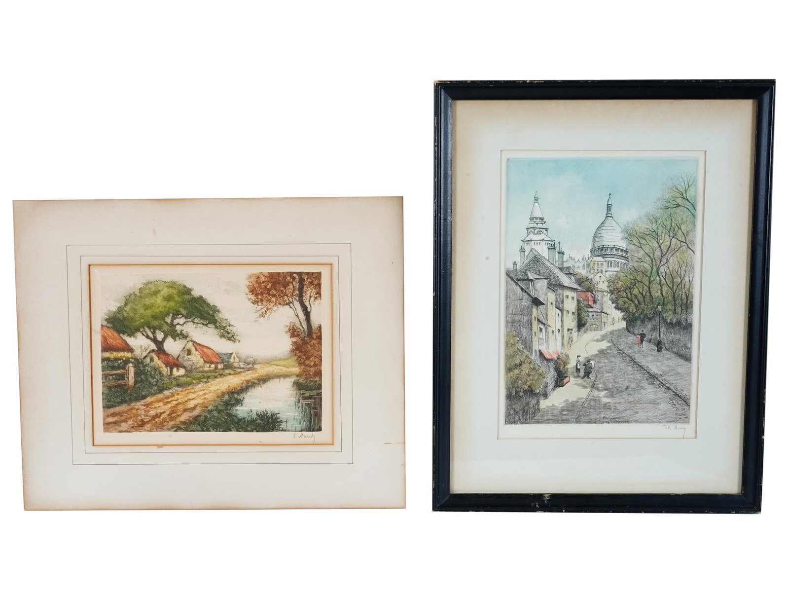 EUROPEAN HAND COLORED LITHOGRAPHS W SIGNED: A lot of two European hand colored lithographs. Circa the first half of the 20th century. The first one depicts a rural landscape. Matted. Illegible signature in pencil lower right. The second lithogr