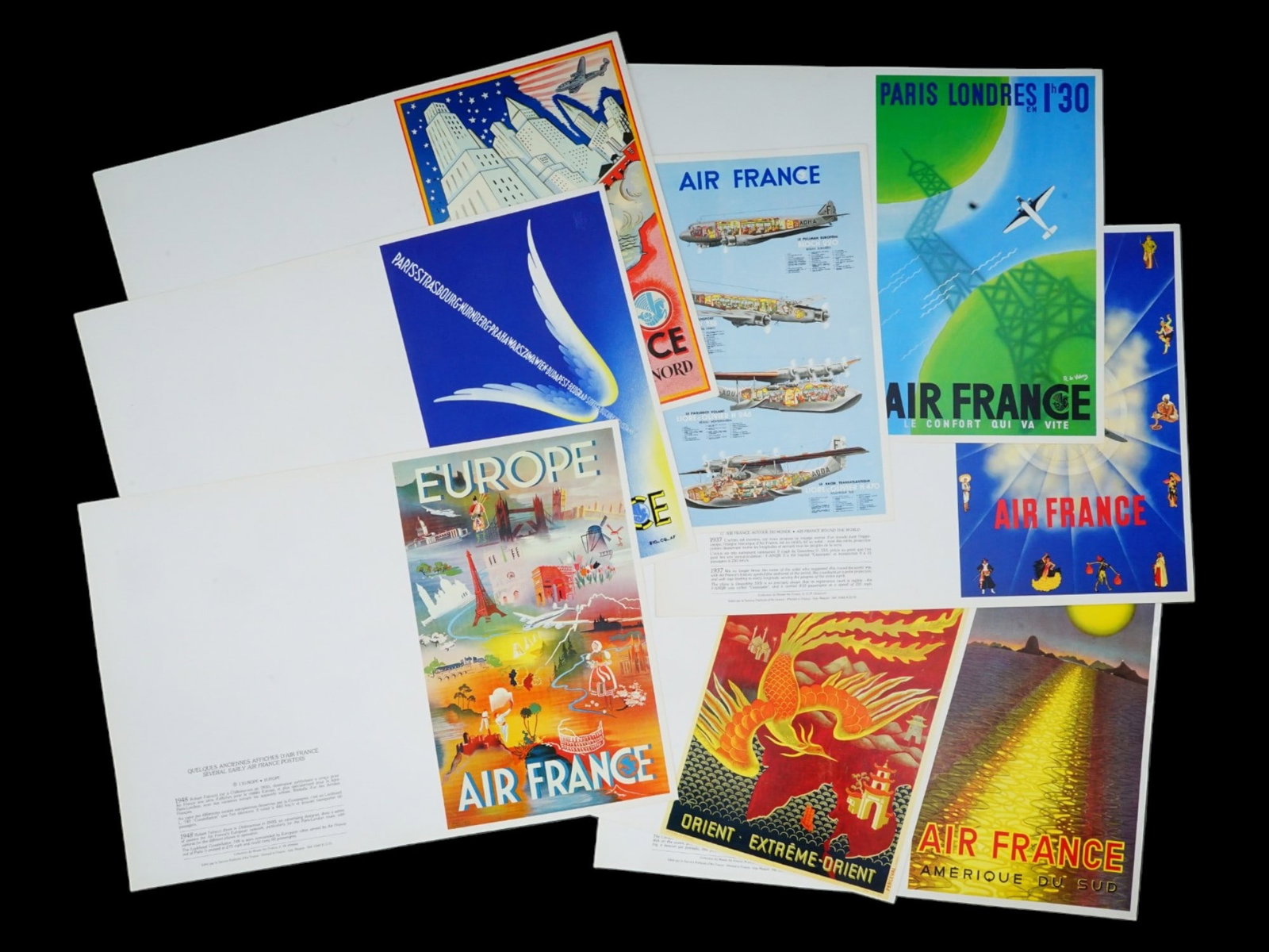 MUSEUM OF AIR FRANCE COLOR POSTERS COLLECTION: A lot of 8 color posters issued by Musee Air France, Museum of Air France. Reproductions of historical Air France ads dating back to 1930s-1940s. With commentary in English and French. Europe, Fleche 