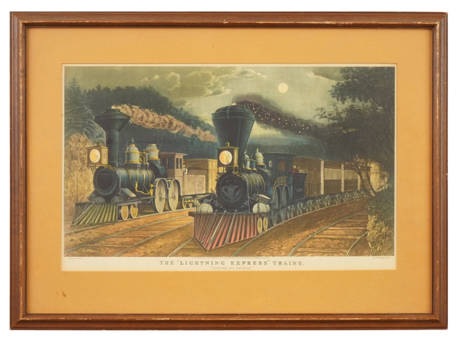 AMERICAN CURRIER IVES RAILROAD LITHOGRAPH FRAMED: A lithograph on paper, The Lightning Express Trains. Leaving the Junction. Created by the artist Frances Fanny Palmer, Frances Flora Bond Palmer, and printed by the famous American company Currier and