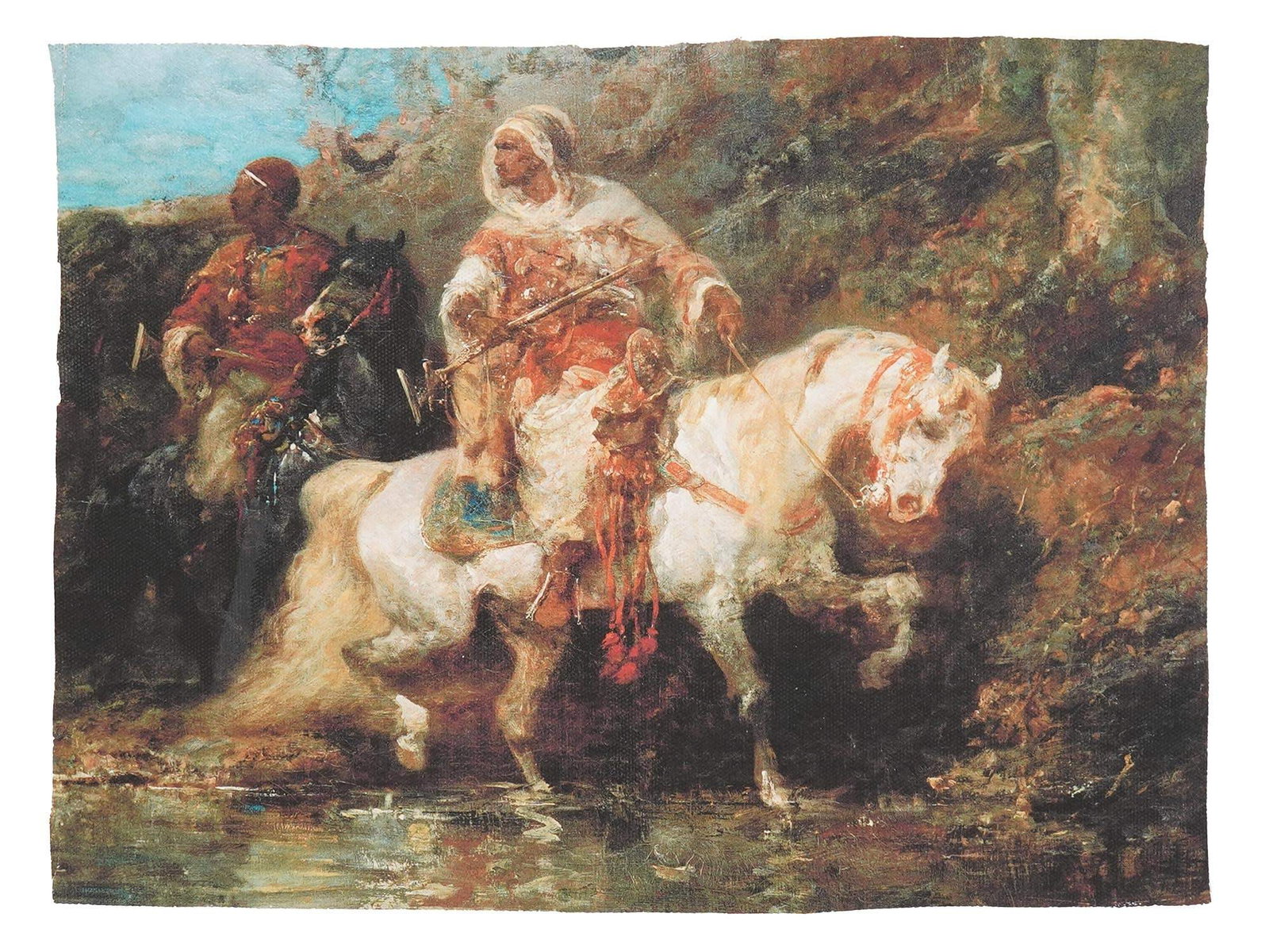 AFTER ADOLF SCHREYER ORIENTALIST PRINT ON CANVAS: Color offset print on canvas. After the 1860 painting titled Zwei Beduinen vor einer Felswand, Two Bedouins in Front of a Rock Wall by Adolf Schreyer, 1828 to 1899, a German artist associated with the