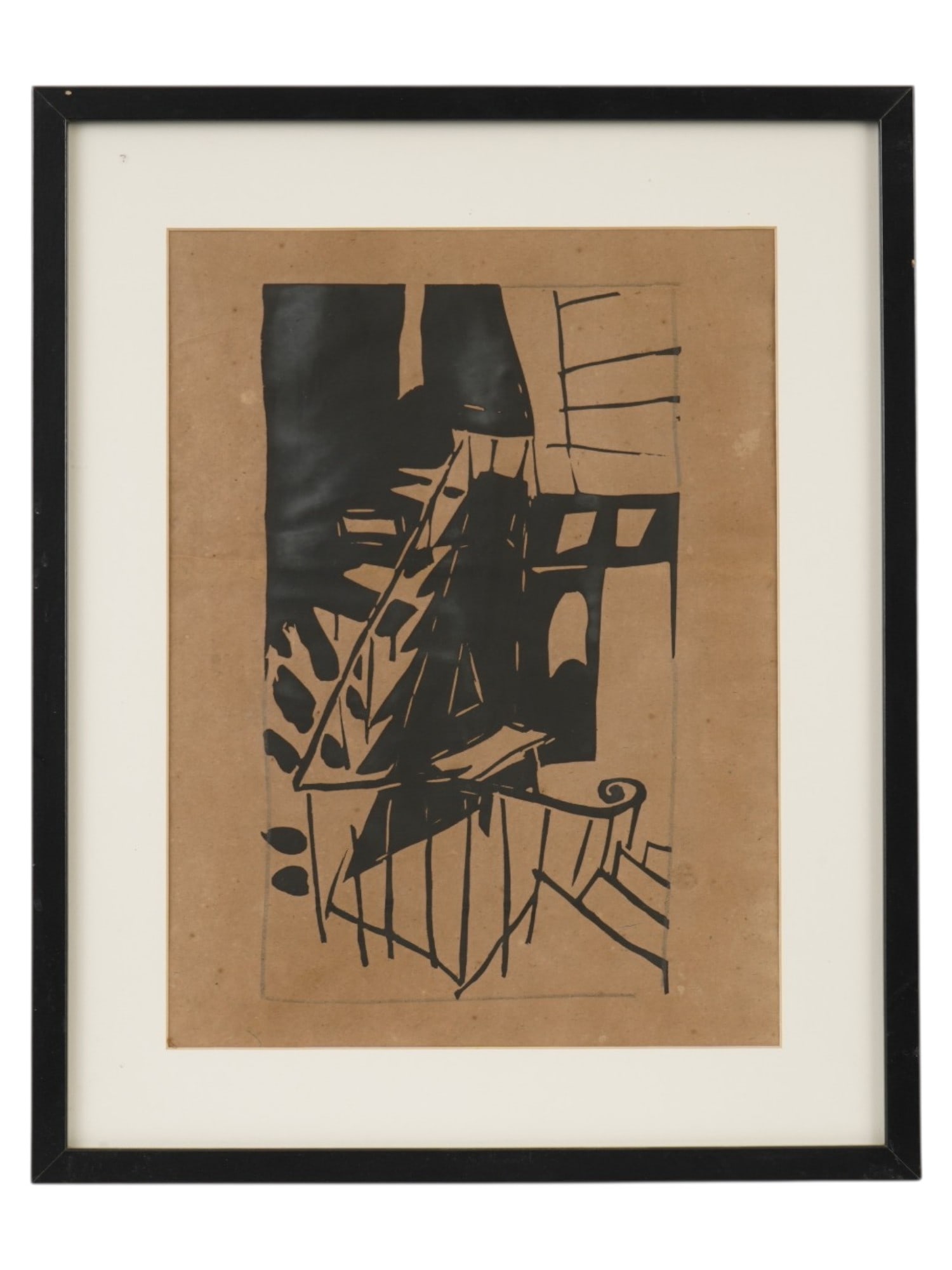 JEAN POUGNY RUSSIAN LINOCUT PRINT ESCALIER: Jean Pougny, aka Ivan Puni, Russian, 1892 to 1956, a linocut print titled Escalier. The composition originates from the artists celebrated LAtelier portfolio, based on matrices engraved between 1914 a