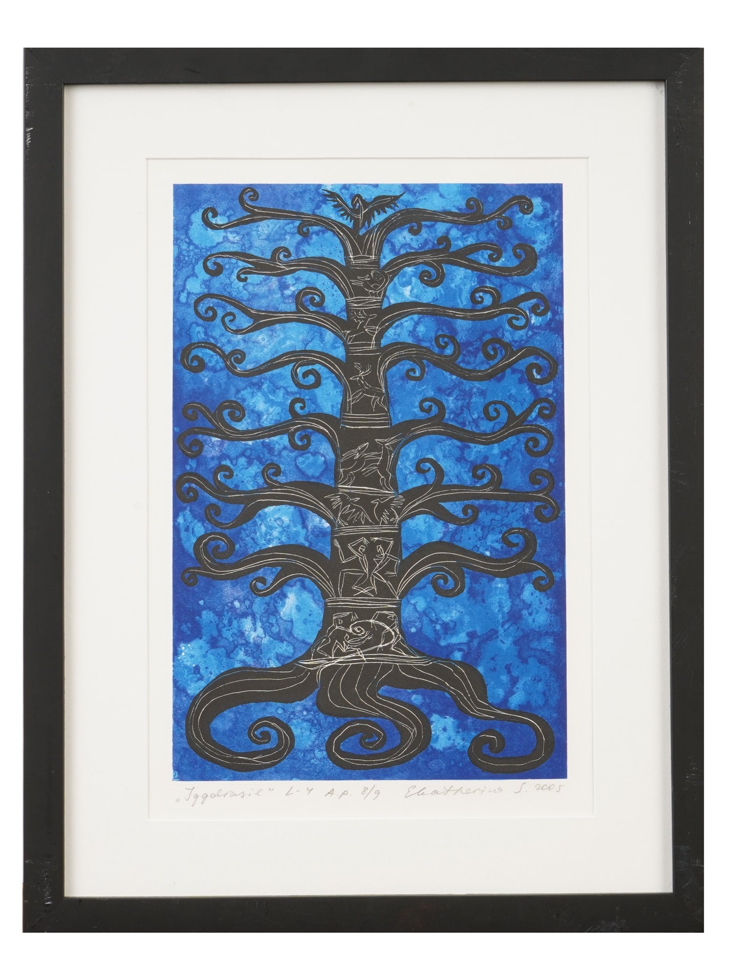 EKATHERINA S. RUSSIAN AP LITHOGRAPH YGGDRASIL: Ekatherina Savtchenko, Russian, born 1965, color lithograph on paper. The artwork depicts a stylized ornamented tree against the blue background. Titled Yggdrasil lower left. Marked AP, Artists Proof 