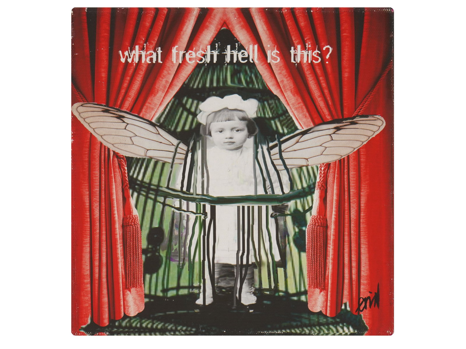 AMERICAN DIGITAL ART PRINT ON CANVAS BY ERIN SMITH: A Contemporary digital art print on gallery wrapped canvas by Erin Smith, featuring her signature satirical mixed media collage style. The composition depicts a winged figure in a cap and striped atti