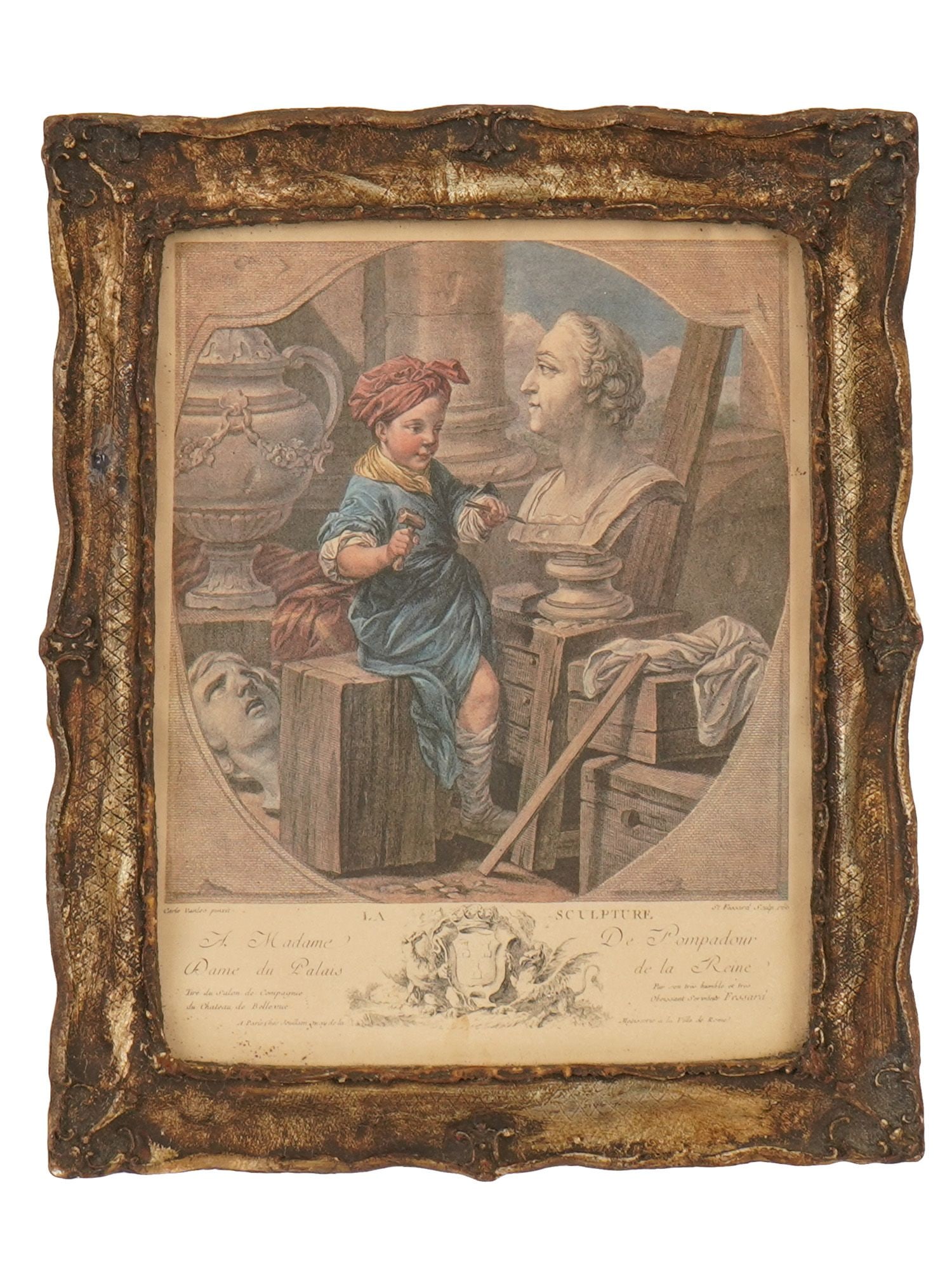 ANTIQUE FRENCH COLORED ENGRAVING BY ETIENNE FESSARD: An antique French colored engraving of La Sculpture by Etienne Fessard, based on the original artwork by Charles-Andre van Loo. Part of a celebrated series depicting the liberal arts, the work feature