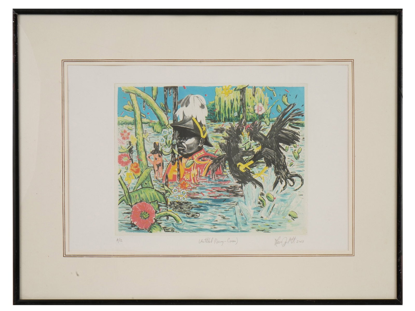 LTD LITHOGRAPH BY LENNON JNO BAPTISTE 2003: A limited edition lithograph by Lennon Jno-Baptiste. The artwork is numbered 8 of 12 and dated 2003. The composition utilizes a complex interplay of line and color to depict a surrealist composition. 